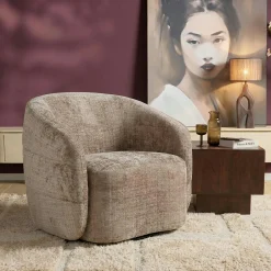 Fauteuil salon pivotant marron tissu chenille BELORA