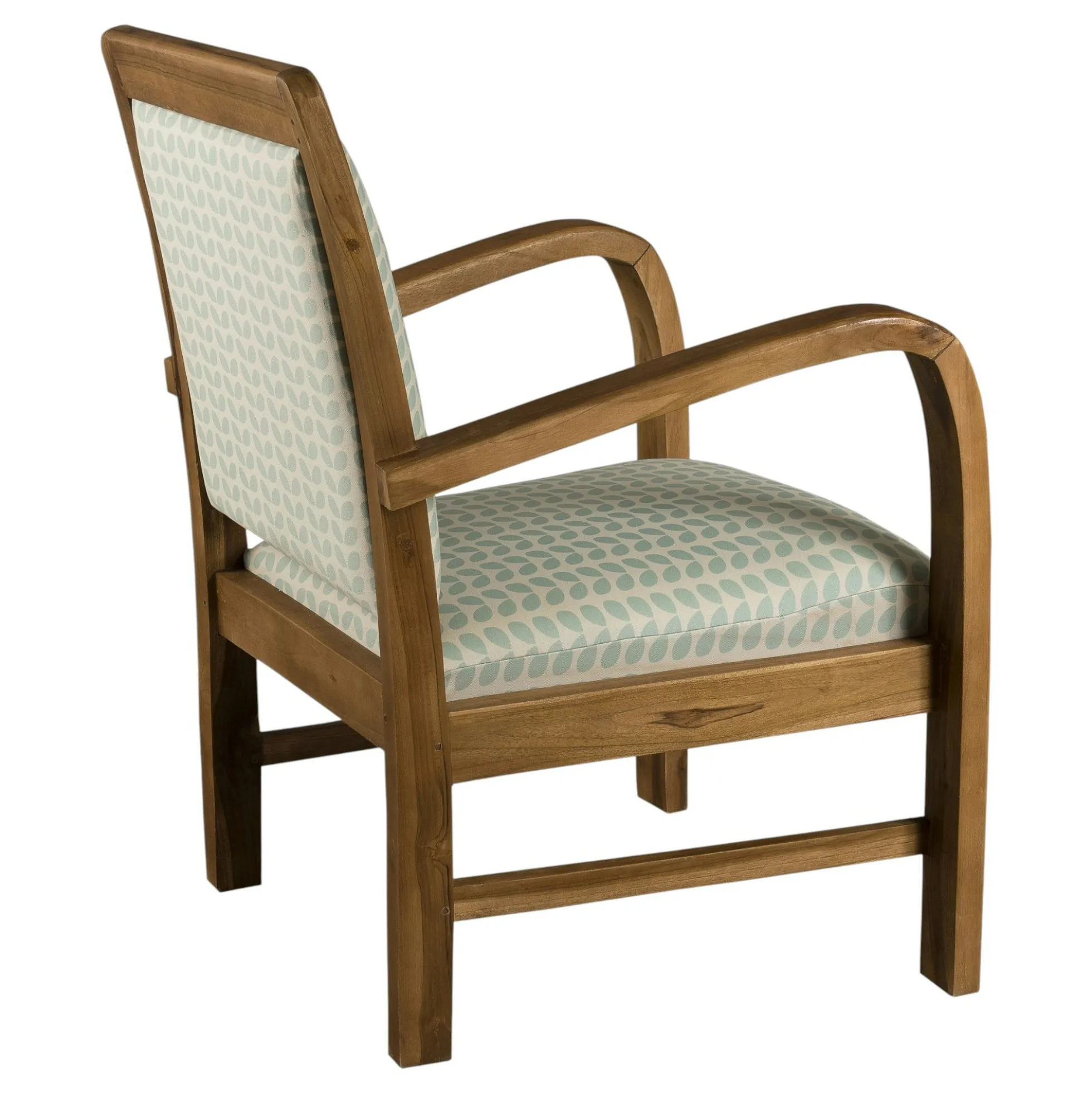 Fauteuil Teck assise tissu coton motifs feuilles rétro années 50. Dim: 61x63x81cm DIKA