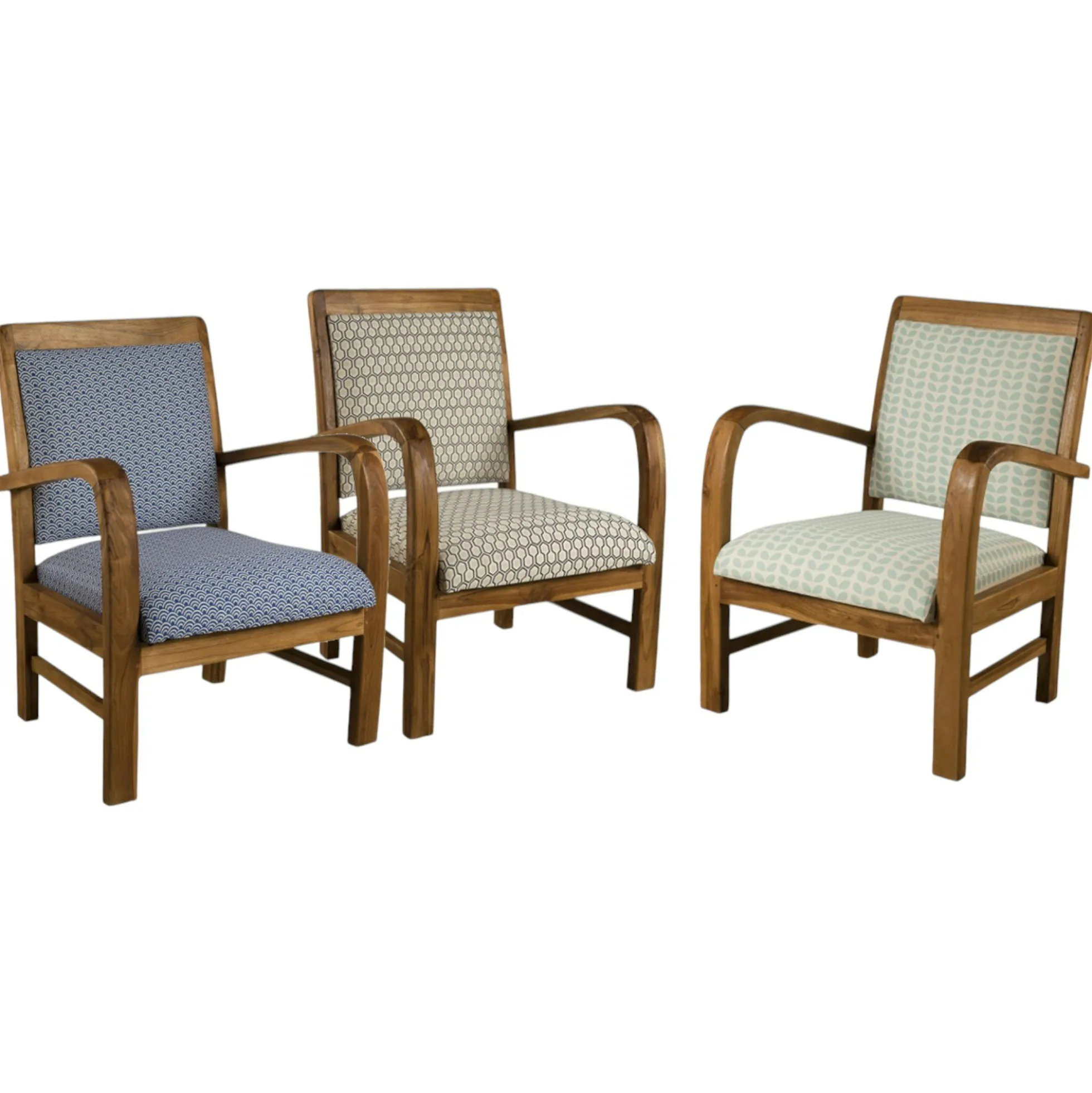 Fauteuil Teck assise tissu coton motifs feuilles rétro années 50. Dim: 61x63x81cm DIKA