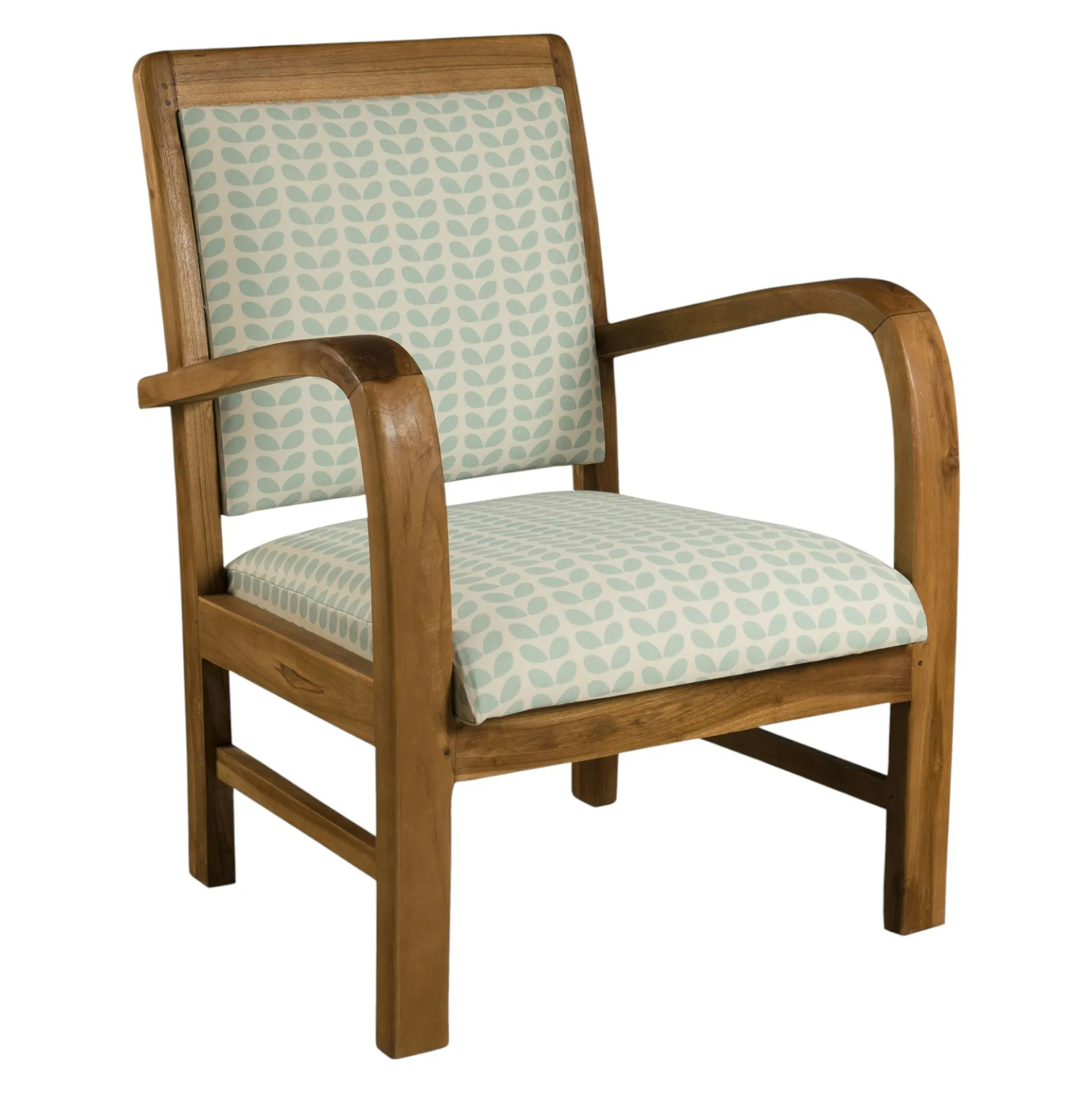 Fauteuil Teck assise tissu coton motifs feuilles rétro années 50. Dim: 61x63x81cm DIKA