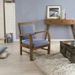 Fauteuil Teck assise tissu coton bleu motifs traditionnels vagues Seigaiha 61x63x81cm DIKA