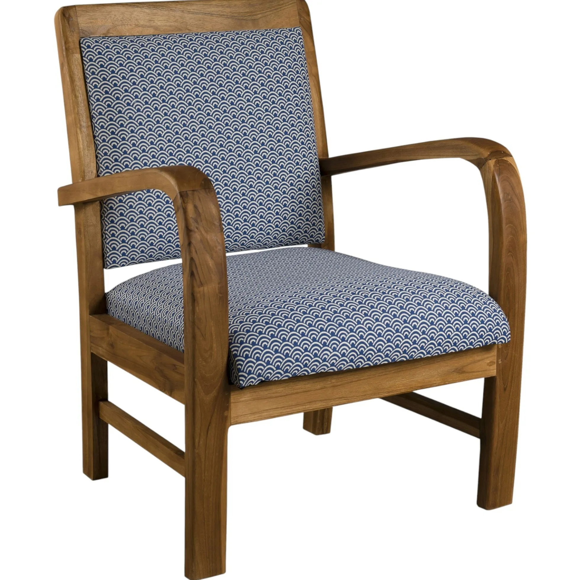 Fauteuil Teck assise tissu coton bleu motifs traditionnels vagues Seigaiha 61x63x81cm DIKA