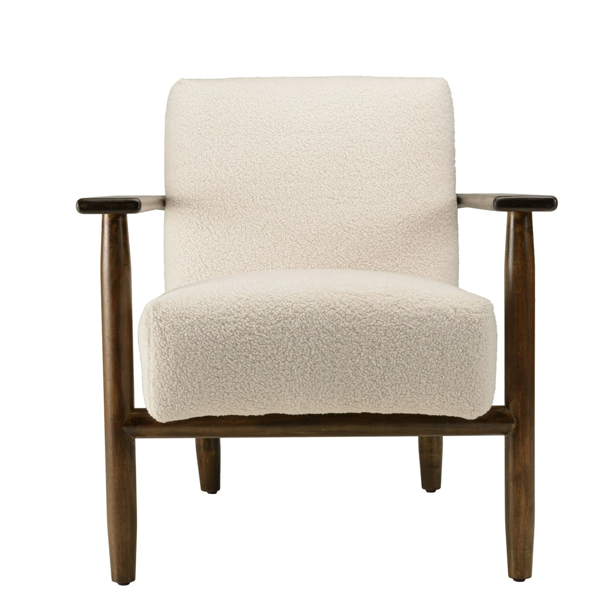 Fauteuil tissu bouclette écru accoudoirs bois TIM