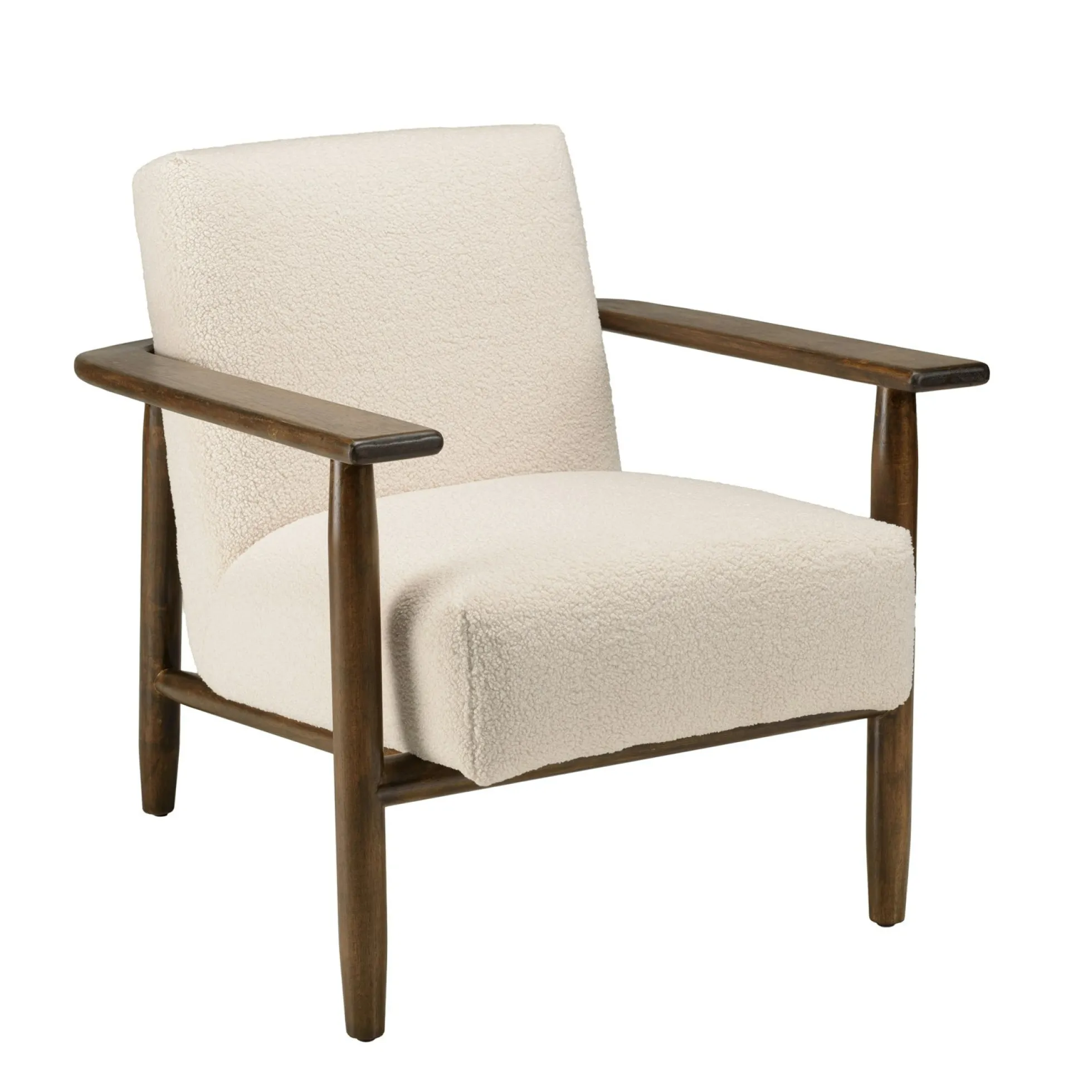 Fauteuil tissu bouclette écru accoudoirs bois TIM