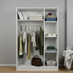 Grande armoire penderie blanche 3 portes 5 étagères BYRON