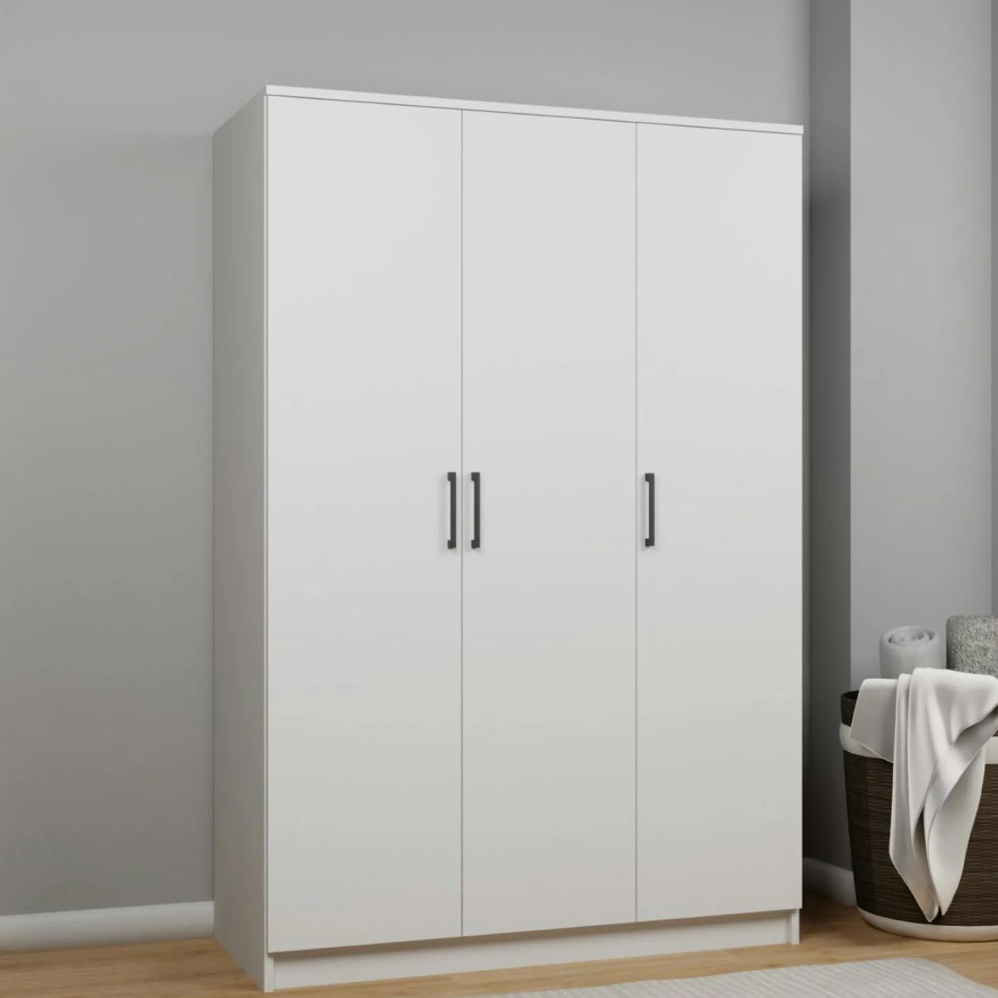 Grande armoire penderie blanche 3 portes 5 étagères BYRON