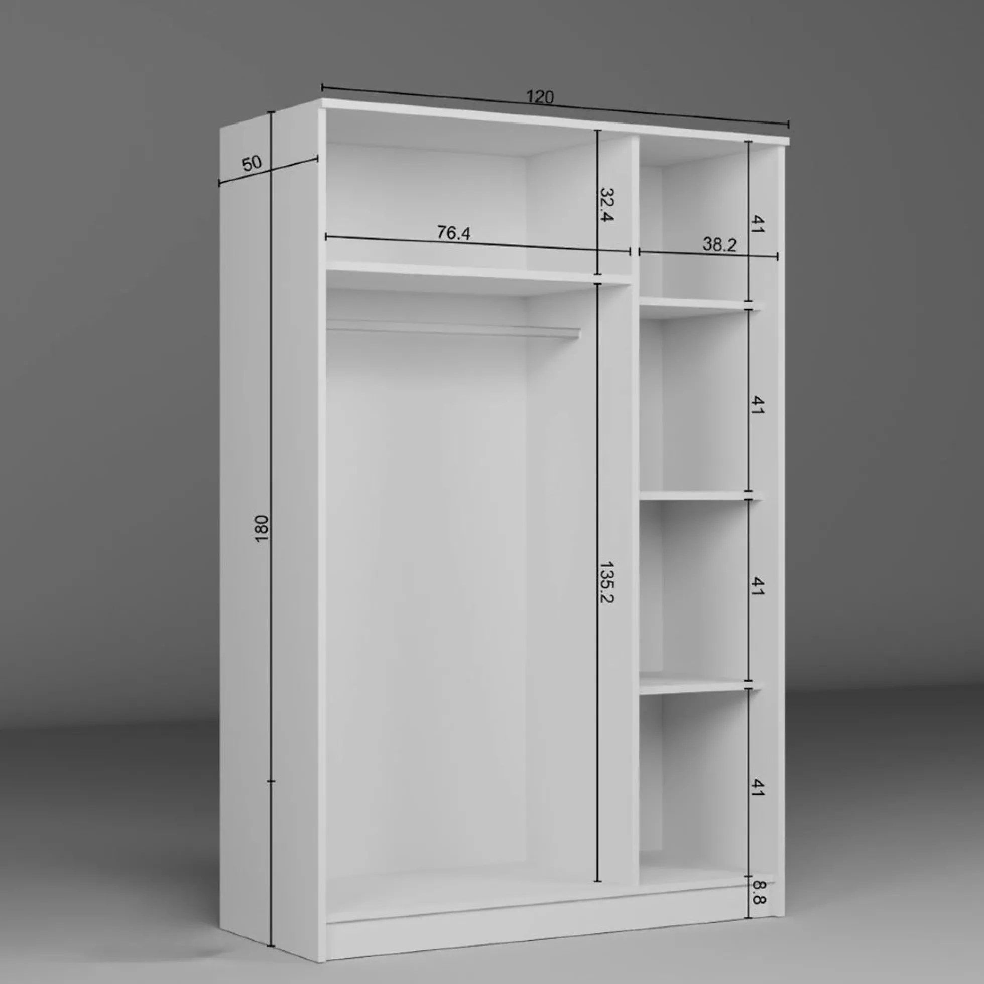 Grande armoire penderie blanche 3 portes 5 étagères BYRON