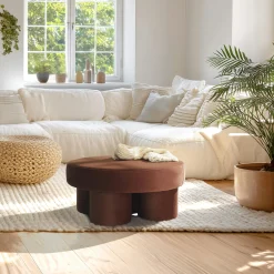 Grand pouf forme en tissu effet velours marron COLOMBUS