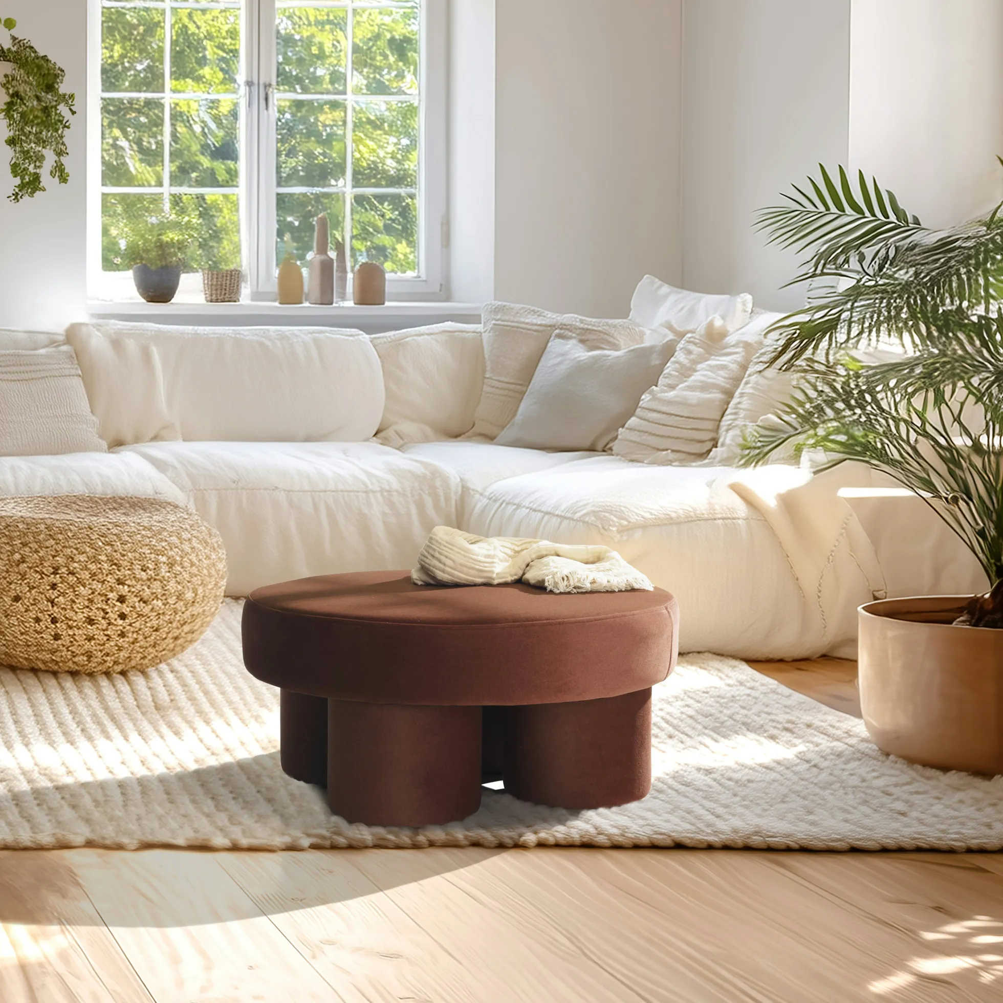 Grand pouf forme en tissu effet velours marron COLOMBUS