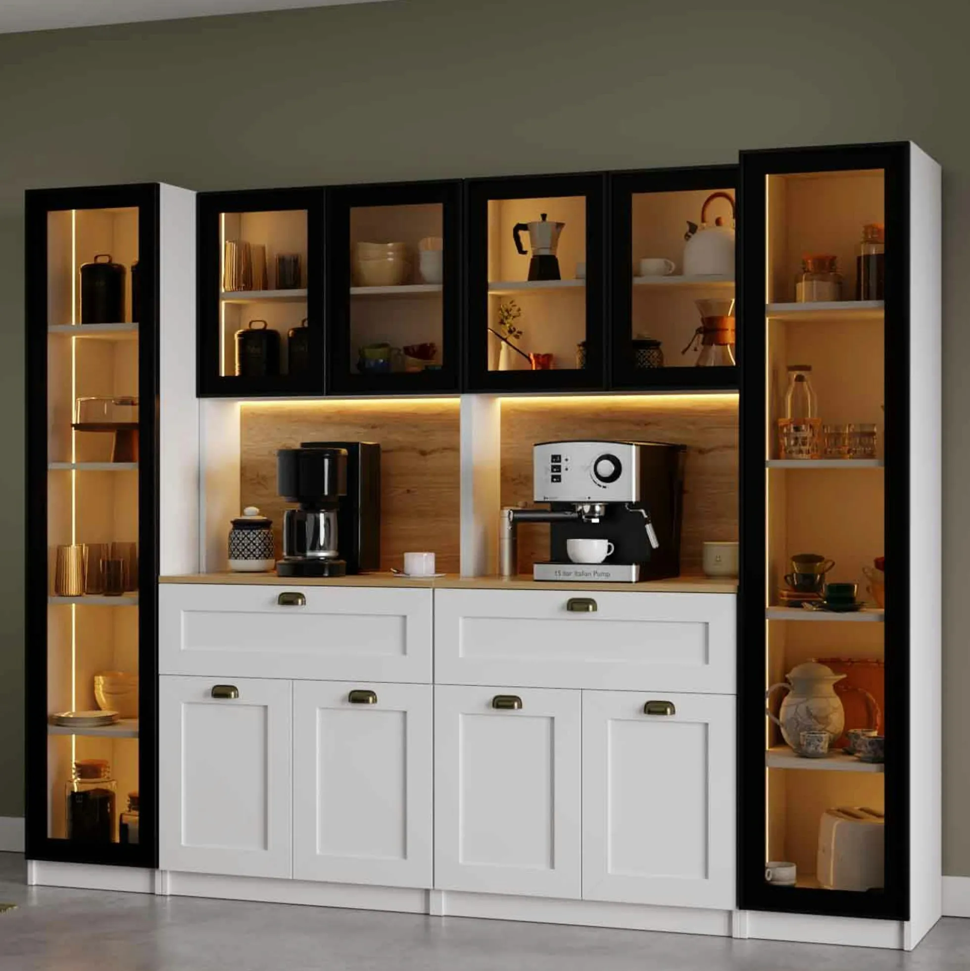Grand vaisselier de cuisine à LED 10 portes décor blanc et noir AURA
