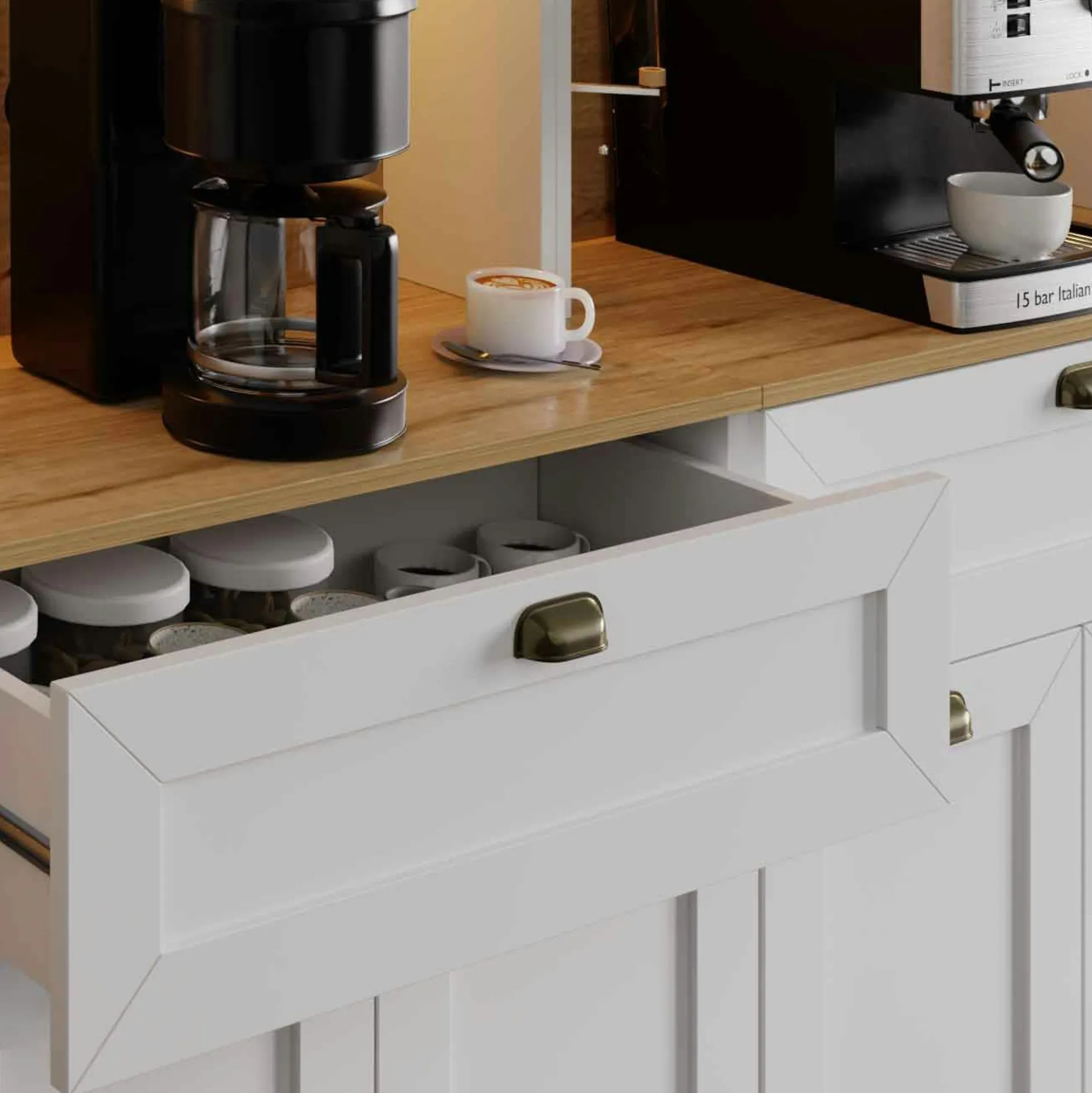 Grand vaisselier de cuisine à LED 10 portes décor blanc et noir AURA