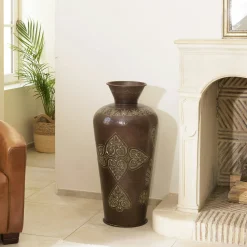 Grand vase oriental couleur cuivre foncé patiné motifs dorés H85,5 cm NADOR