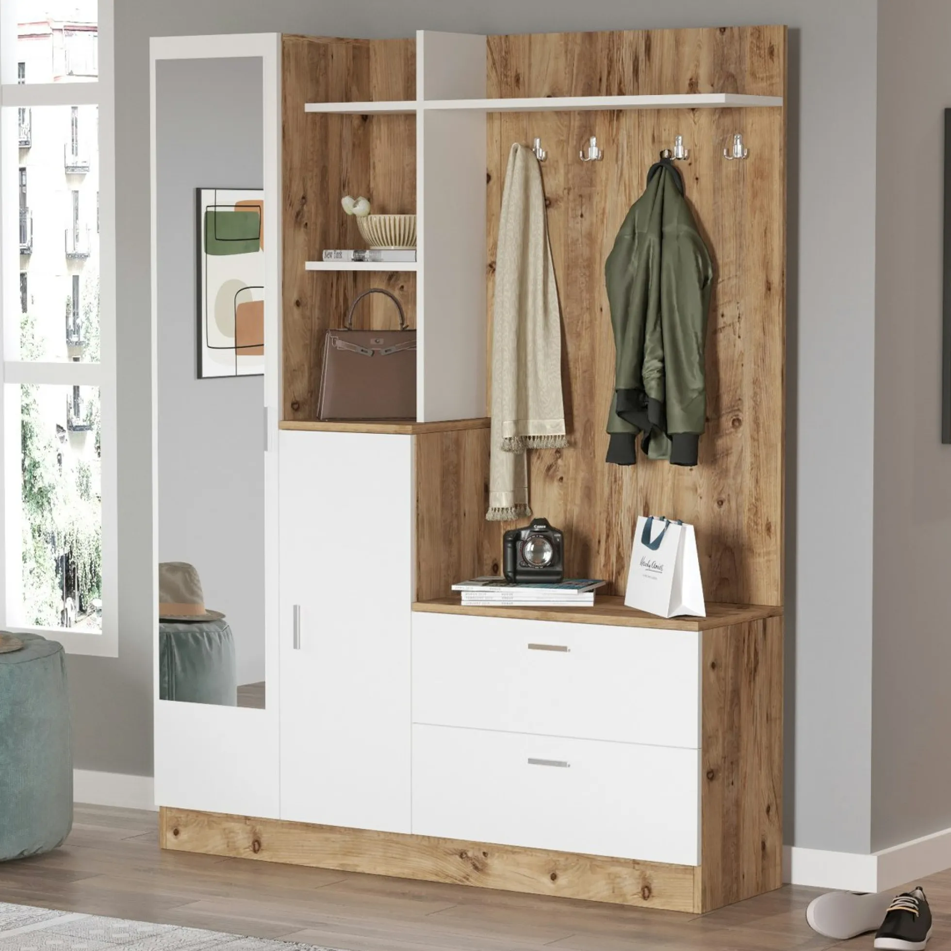 Grand vestiaire d’entrée décor blanc et bois 1 miroir JENA