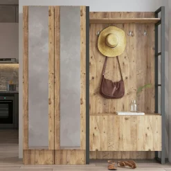 Grand vestiaire d'entrée rustique 3 portes 2 miroirs JENA