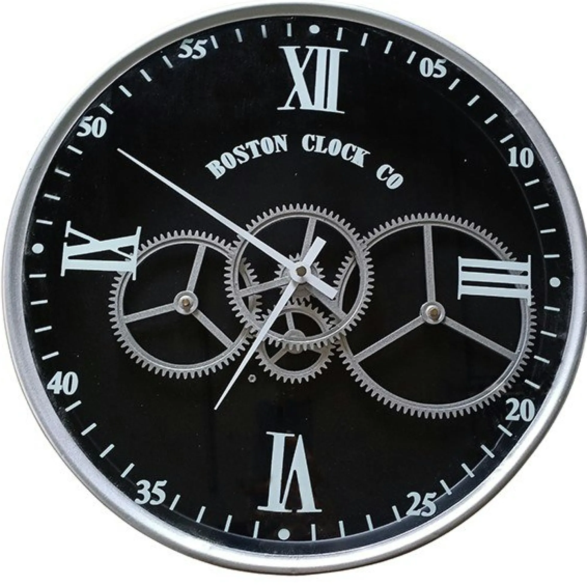 Horloge engrenages argent fond noir Boston
