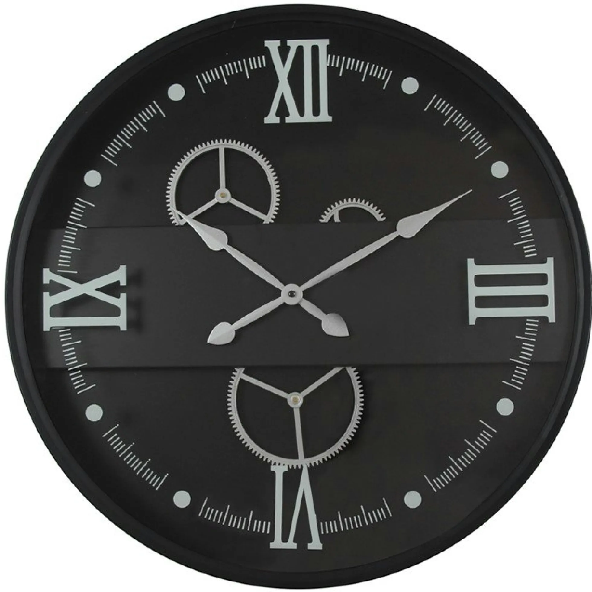 Horloge murale noire et argent avec chiffres romains