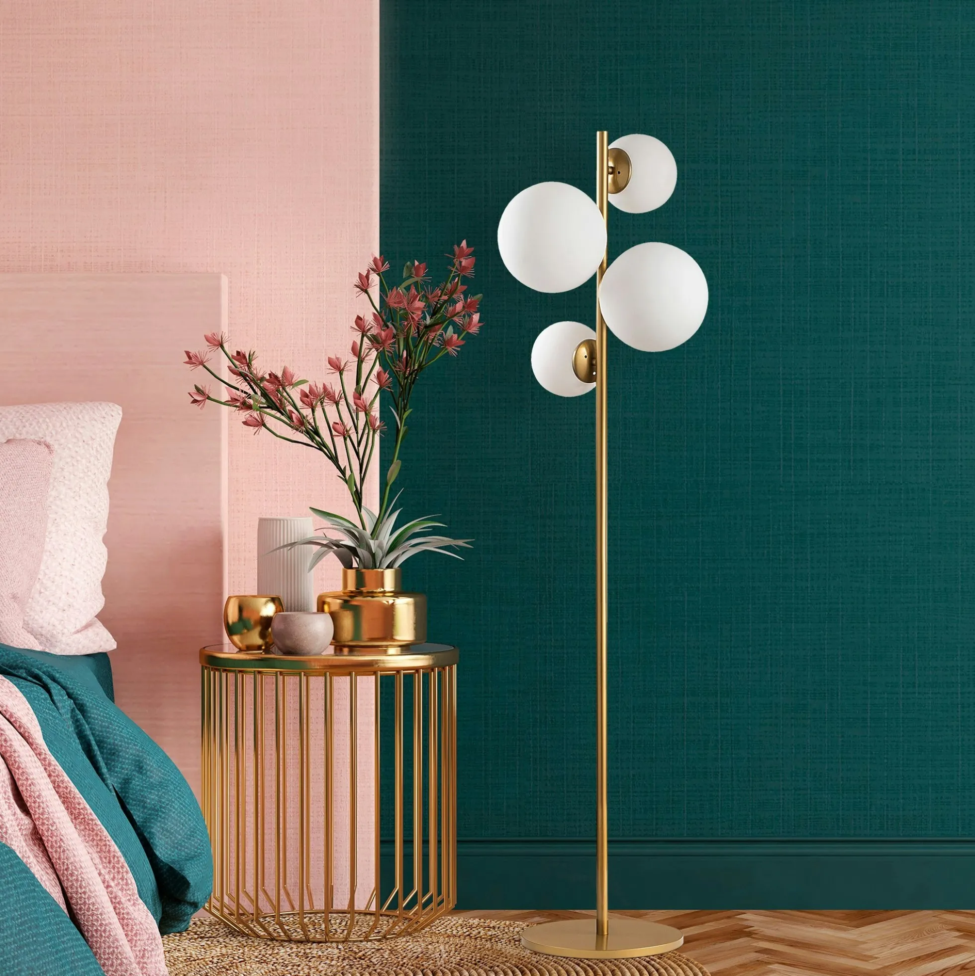 Lampadaire art déco doré, 4 globes verre dépoli SIERRE