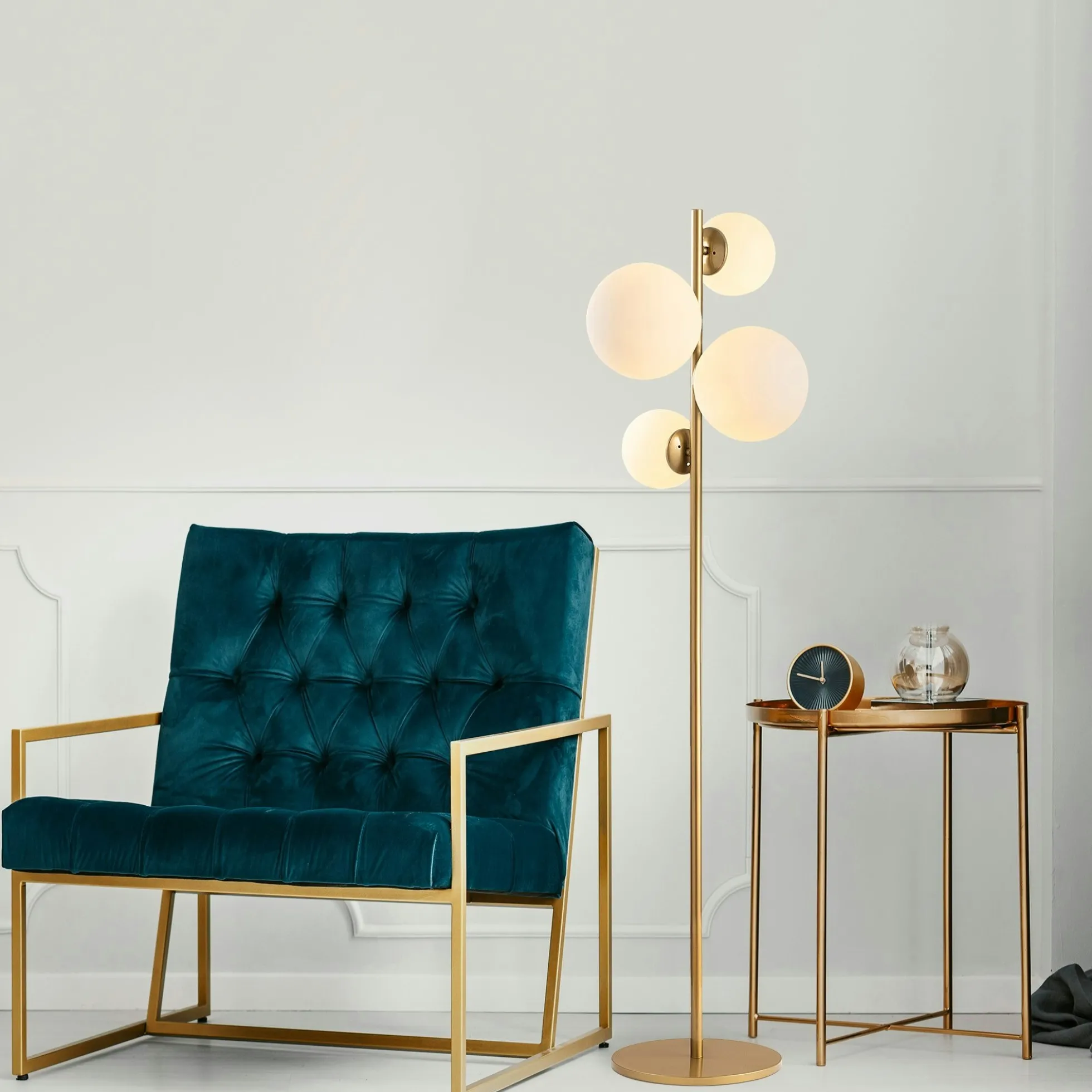Lampadaire art déco doré, 4 globes verre dépoli SIERRE