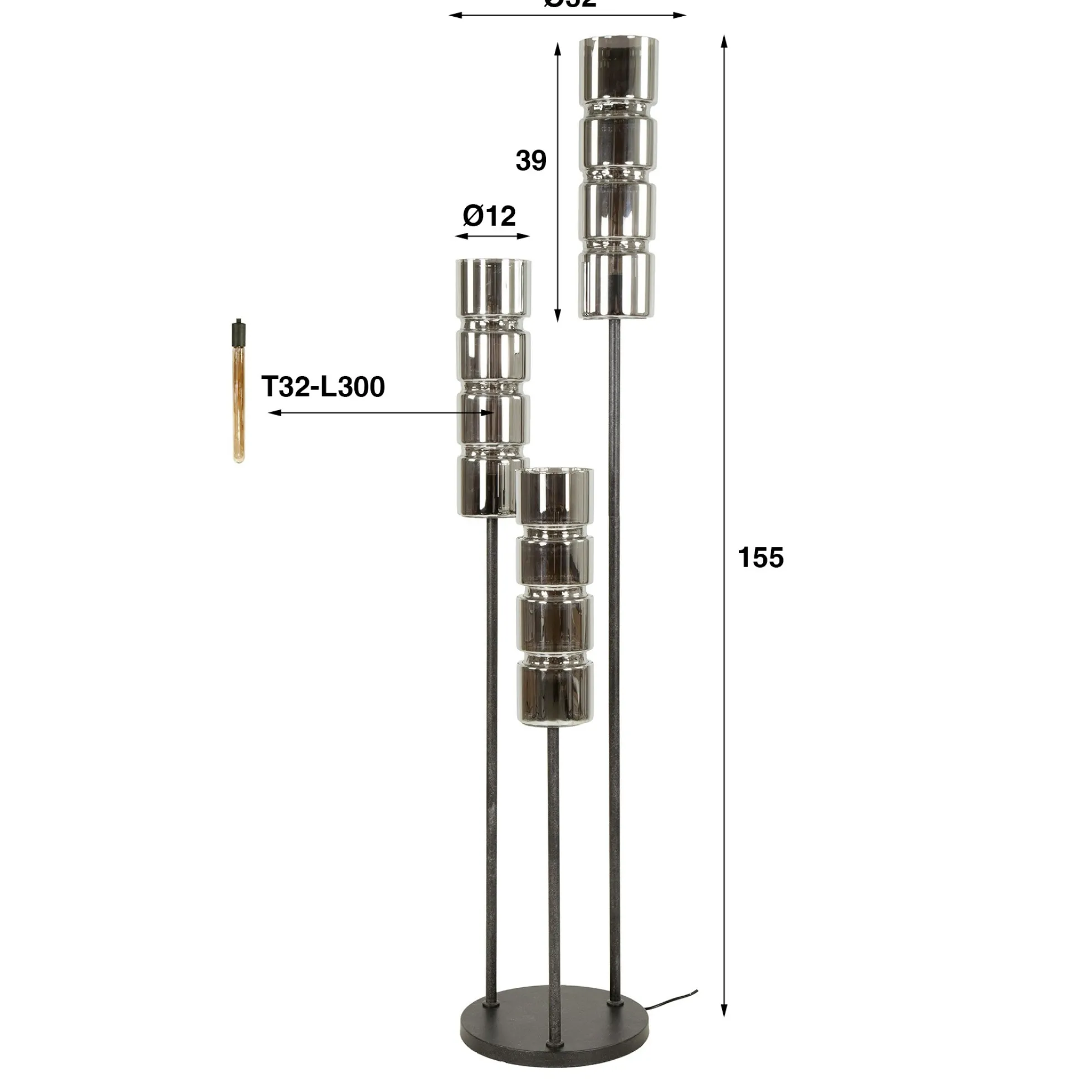 Lampadaire design en verre chromé, 3 abat-jour cylindriques RALF