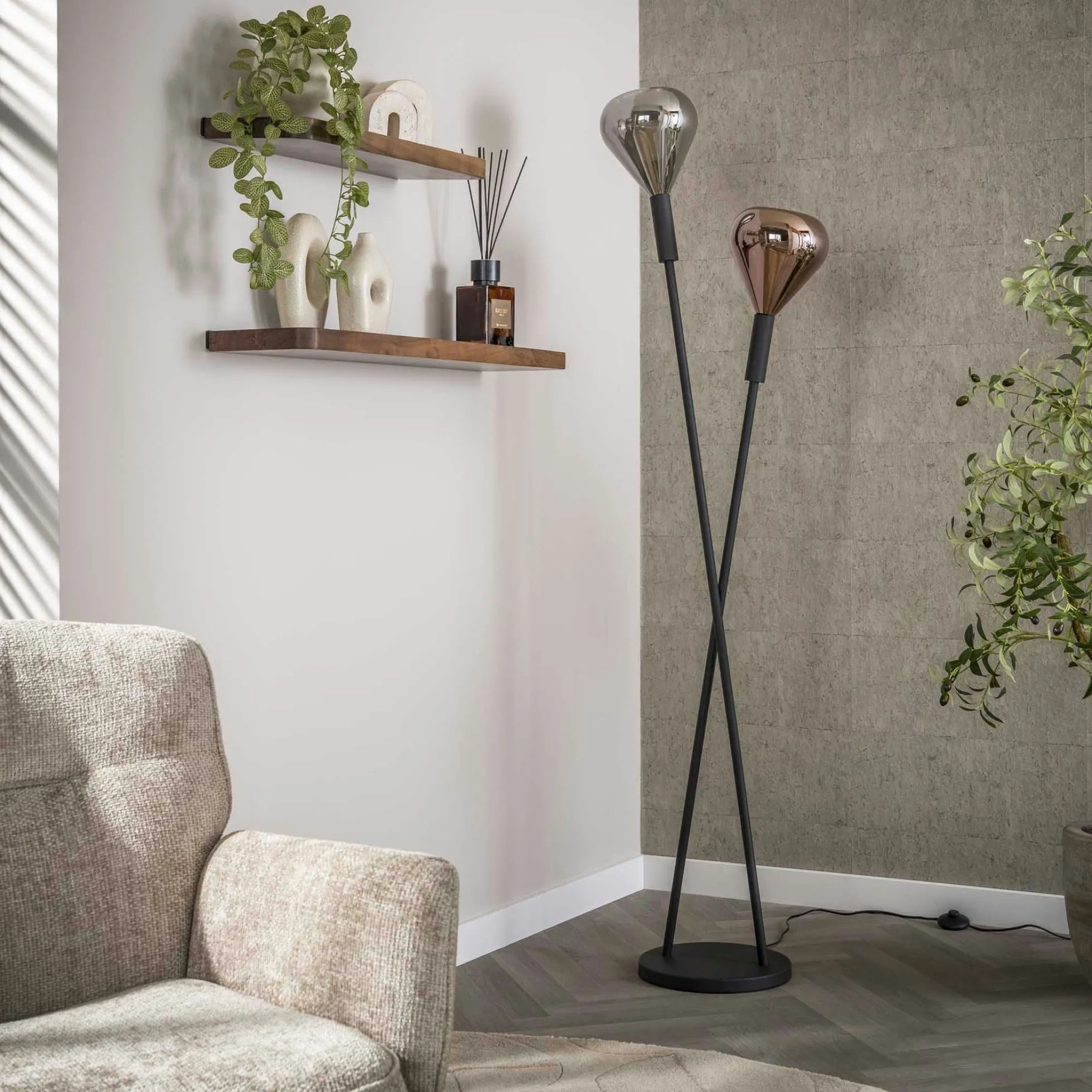 Lampadaire design tiges croisées, 2 abat-jour gouttes NIAGARA