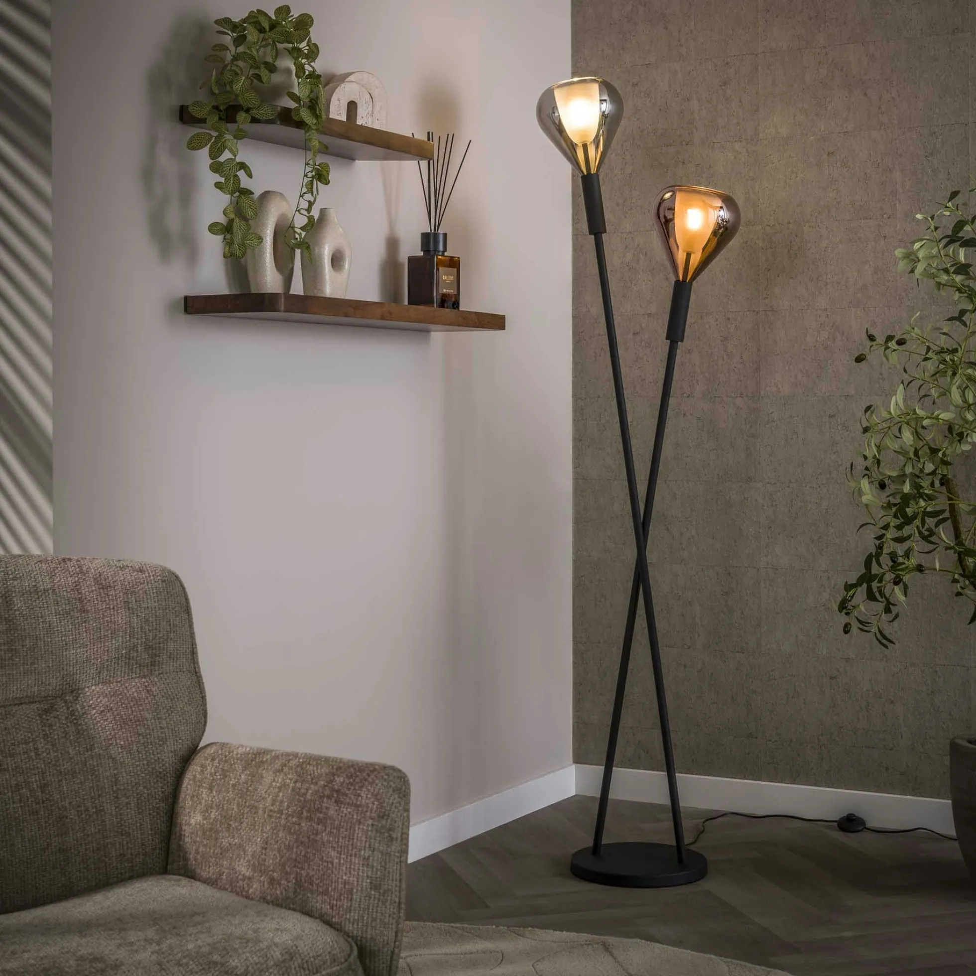 Lampadaire design tiges croisées, 2 abat-jour gouttes NIAGARA