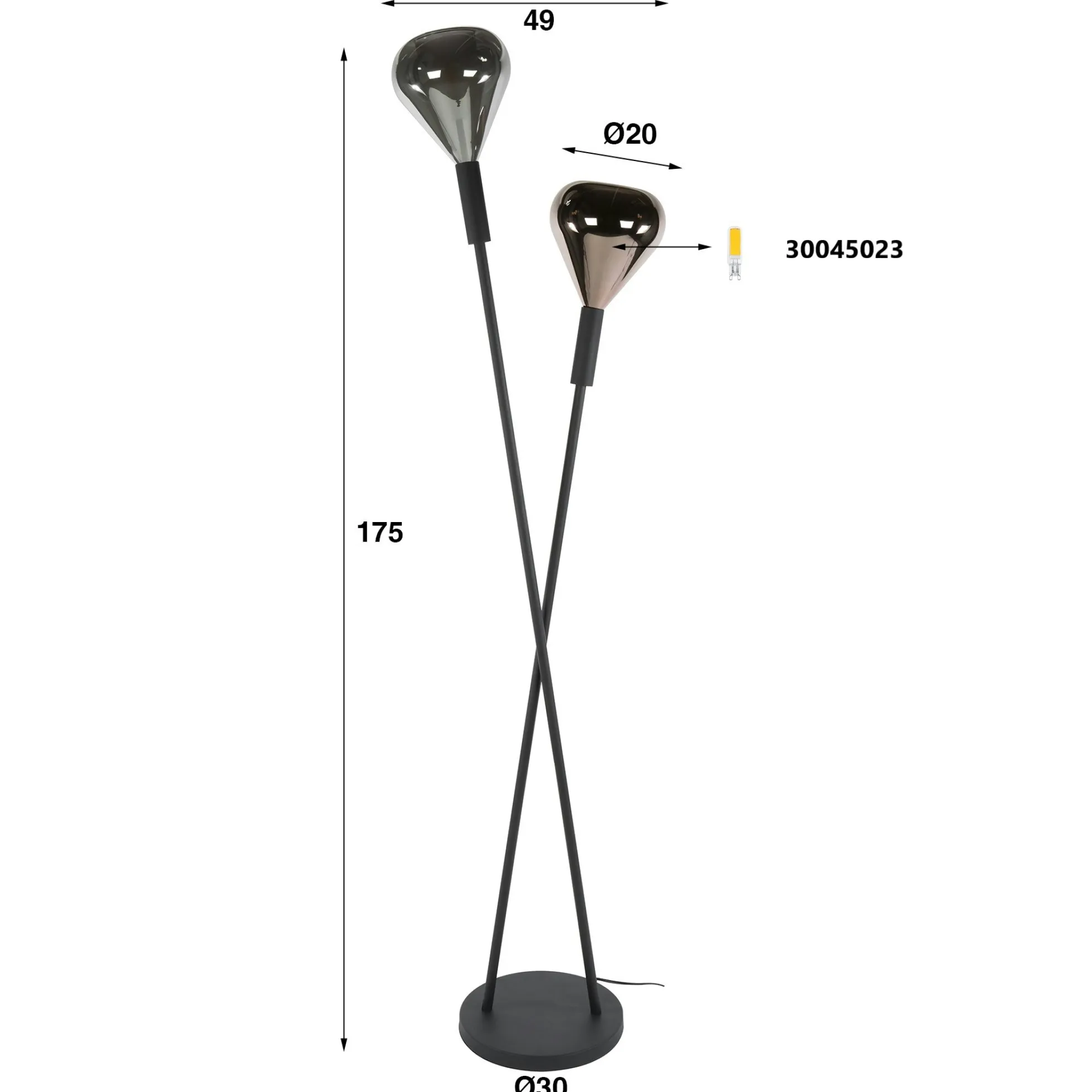 Lampadaire design tiges croisées, 2 abat-jour gouttes NIAGARA