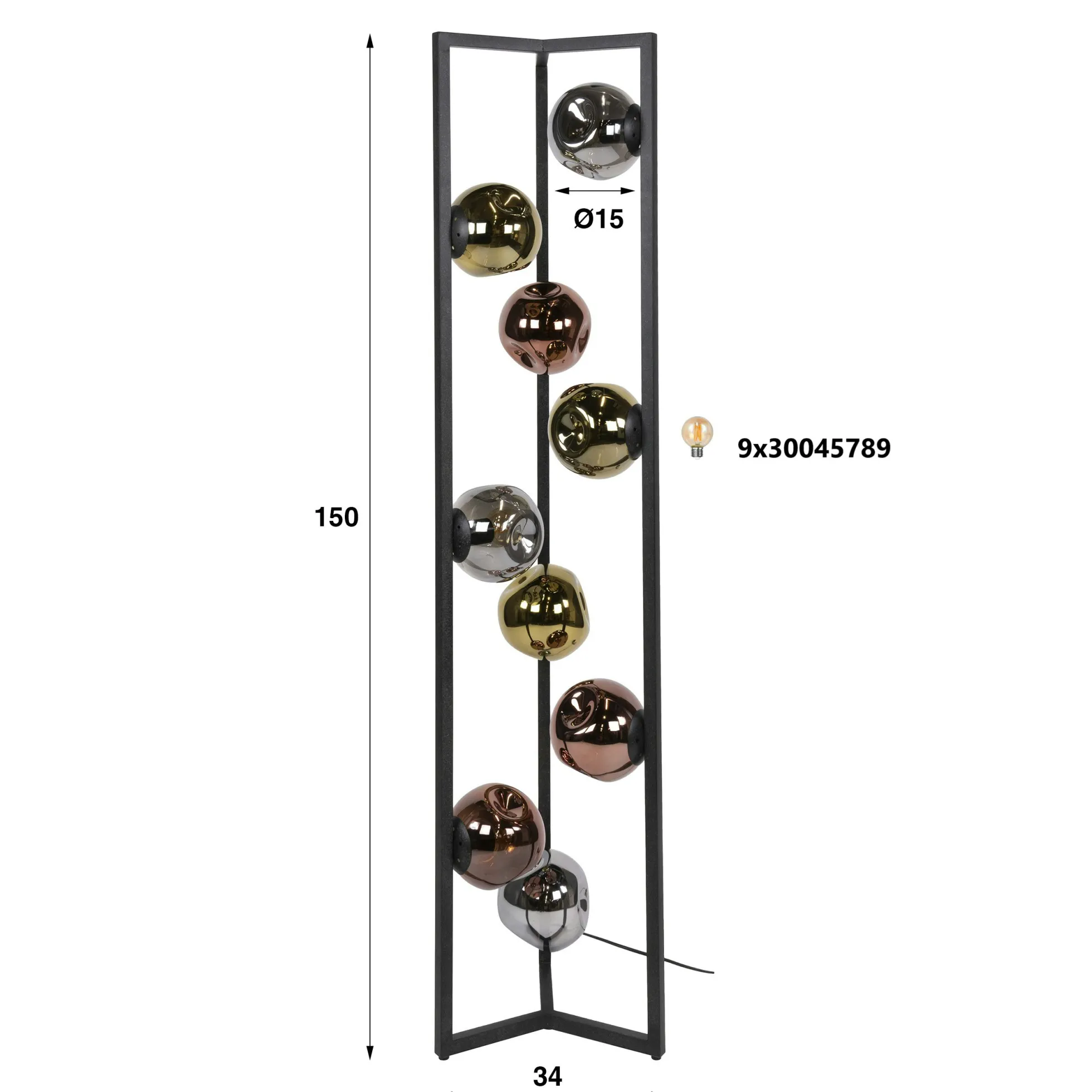 Lampadaire design verre métal 9 globes tricolores NIAGARA