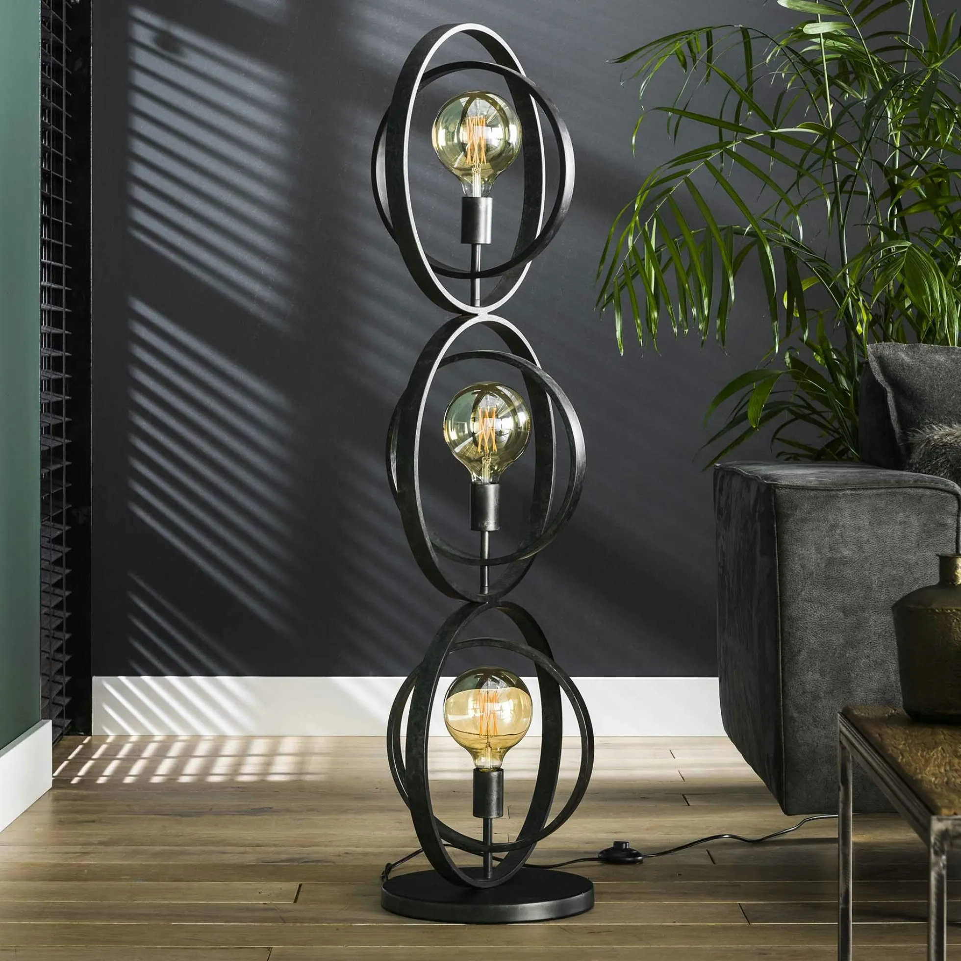 Lampadaire industriel anneaux doubles 3 lampes TRIBECA