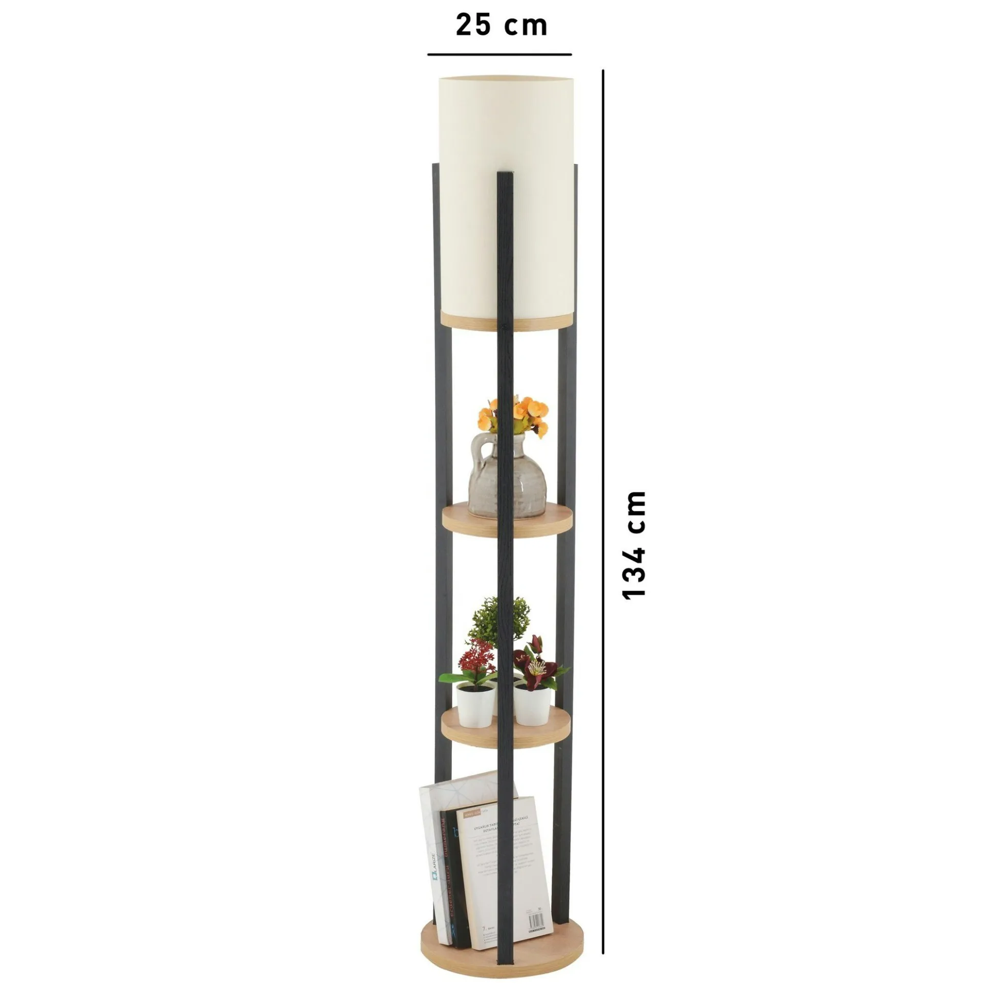 Lampadaire moderne décoratif avec étagères effet bois clair KILIS