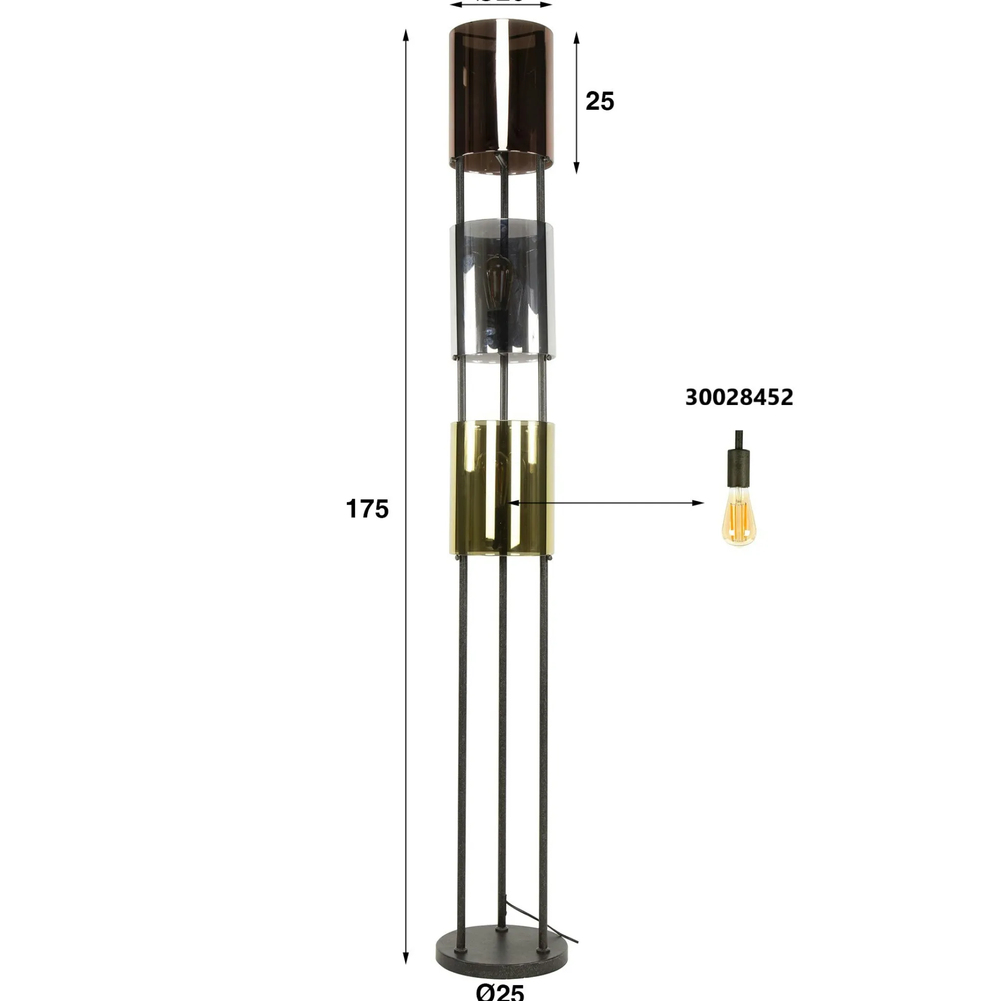 Lampadaire moderne tricolore, 3 abat-jour en verre NIAGARA