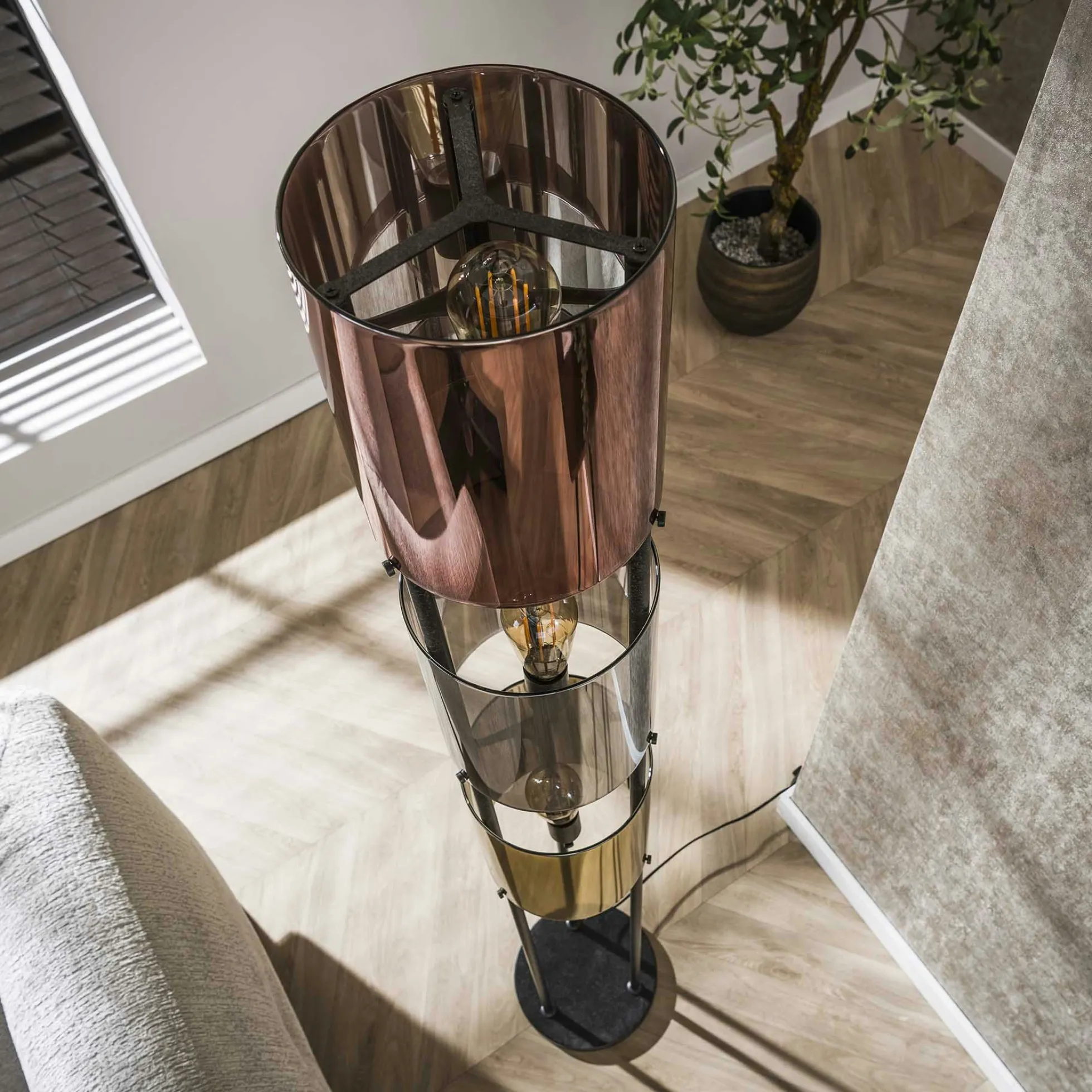 Lampadaire moderne tricolore, 3 abat-jour en verre NIAGARA