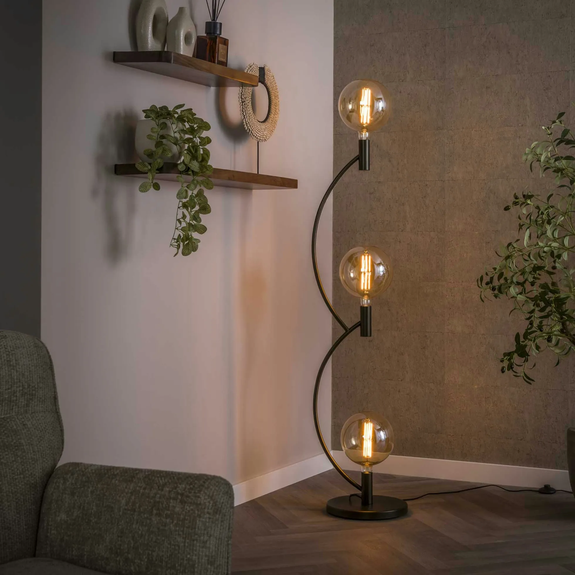 Lampadaire salon en métal courbe finition bronze 3 lampes RALF