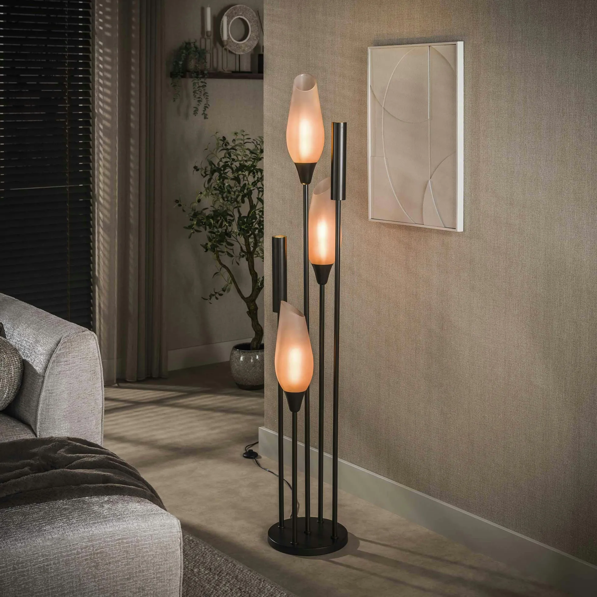 Lampadaire salon verre dépoli brun et métal bronze 5 lampes NIAGARA