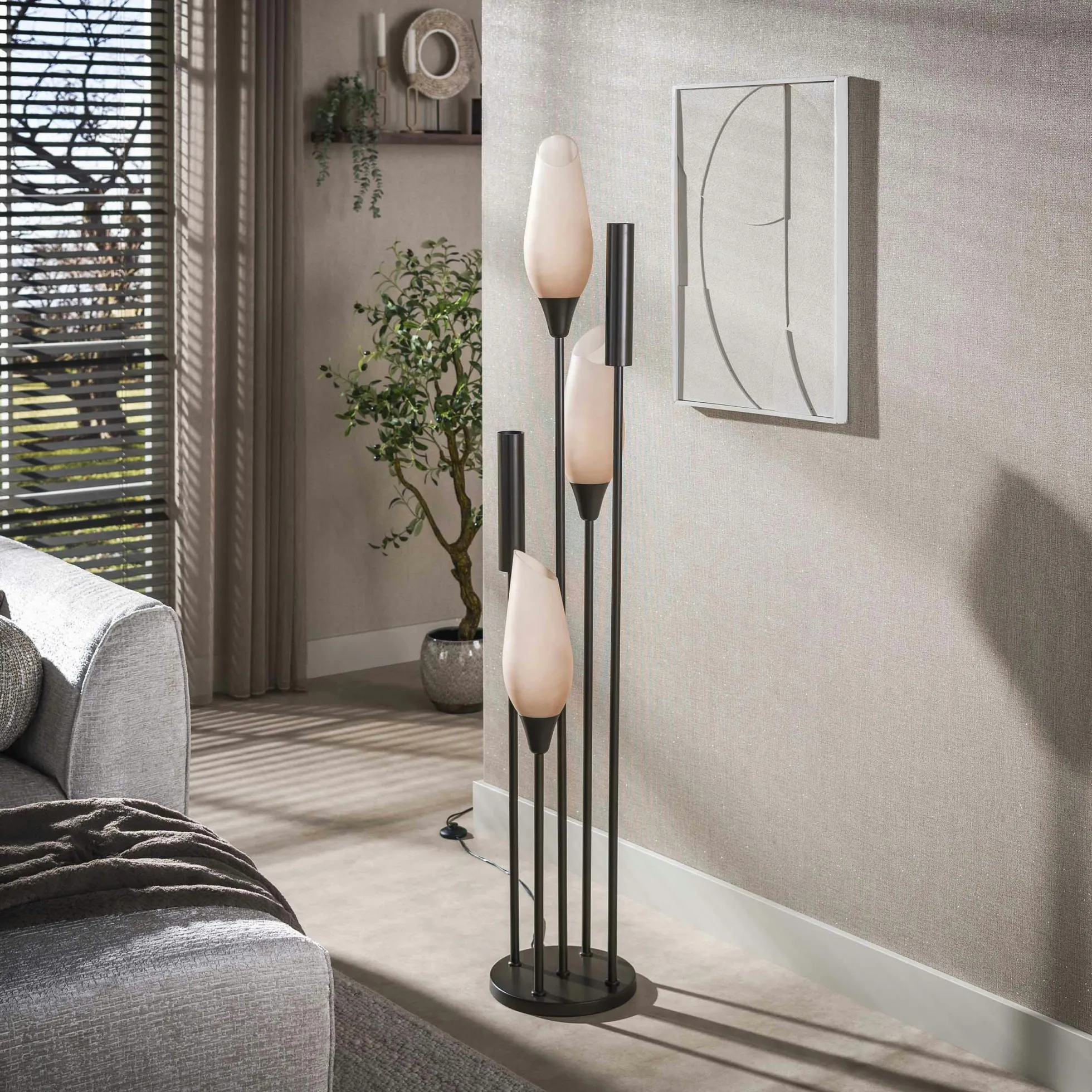 Lampadaire salon verre dépoli brun et métal bronze 5 lampes NIAGARA