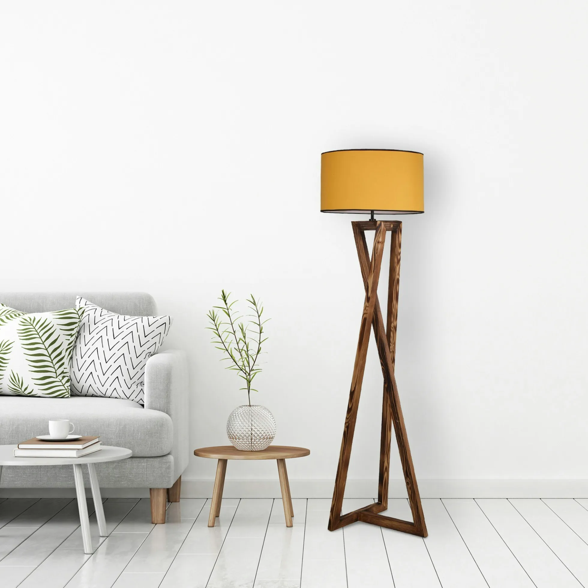Lampadaire trépied croisé abat-jour jaune 150 cm KILIS