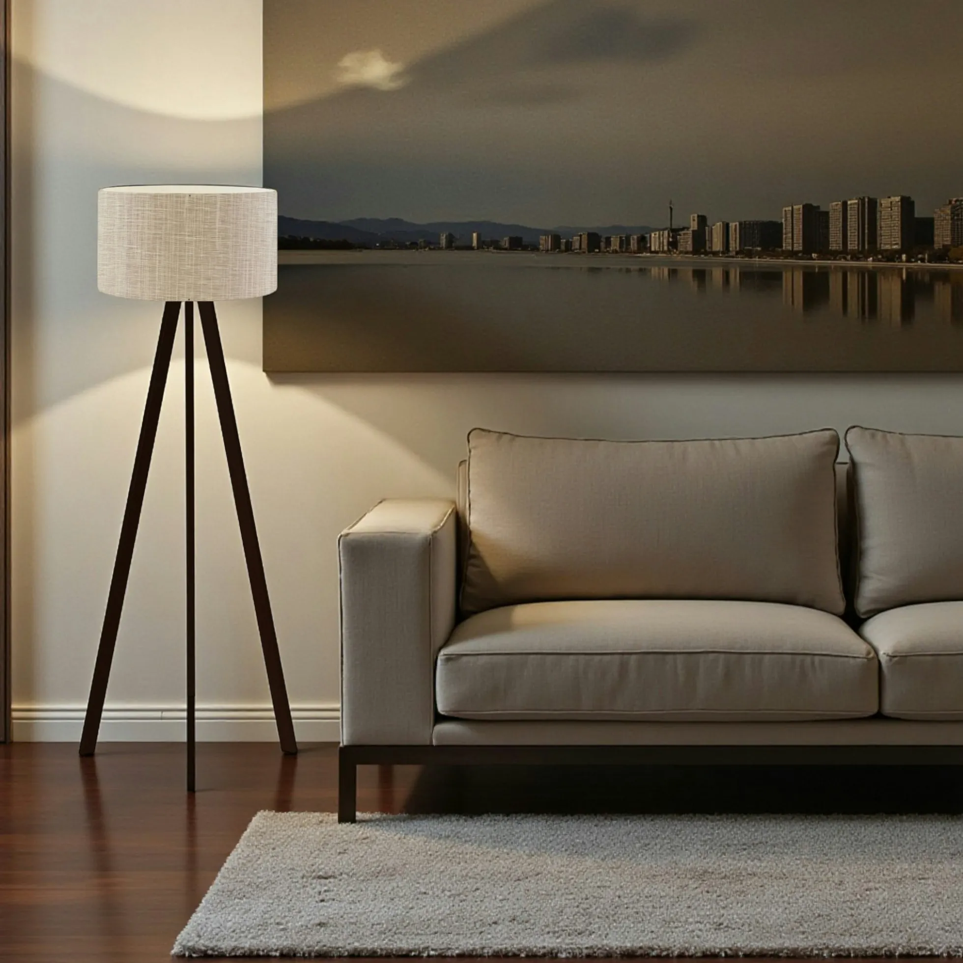 Lampadaire trépied effet bois noir, abat-jour beige chiné KILIS