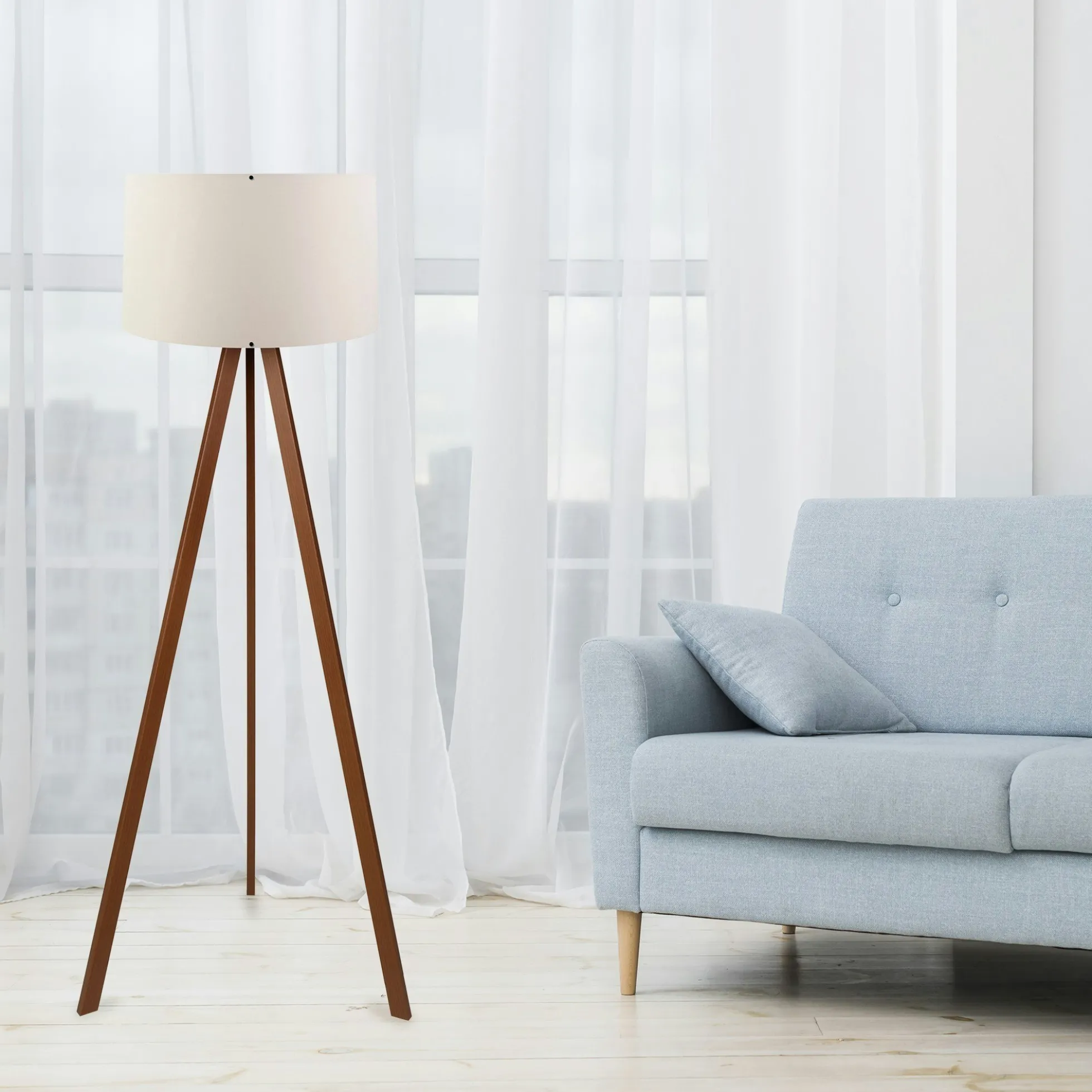 Lampadaire trépied effet bois noyer, abat-jour écru KILIS