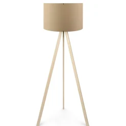 Lampadaire trépied effet bois clair, abat-jour beige KILIS