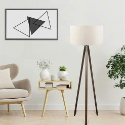Lampadaire trépied effet bois brun, abat-jour écru KILIS