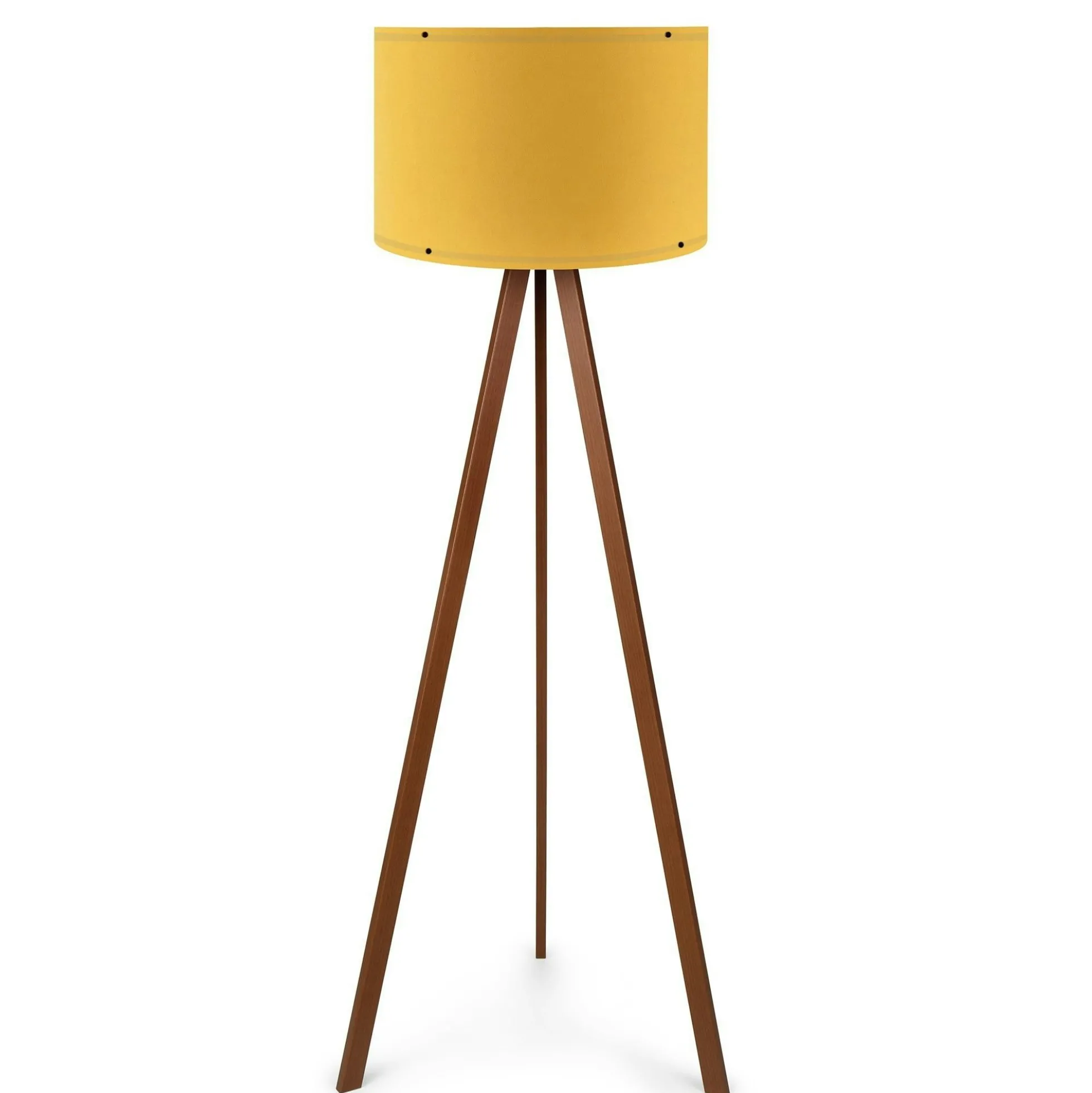 Lampadaire trépied effet bois noyer, abat-jour jaune KILIS