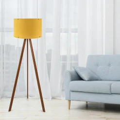 Lampadaire trépied effet bois noyer, abat-jour jaune KILIS