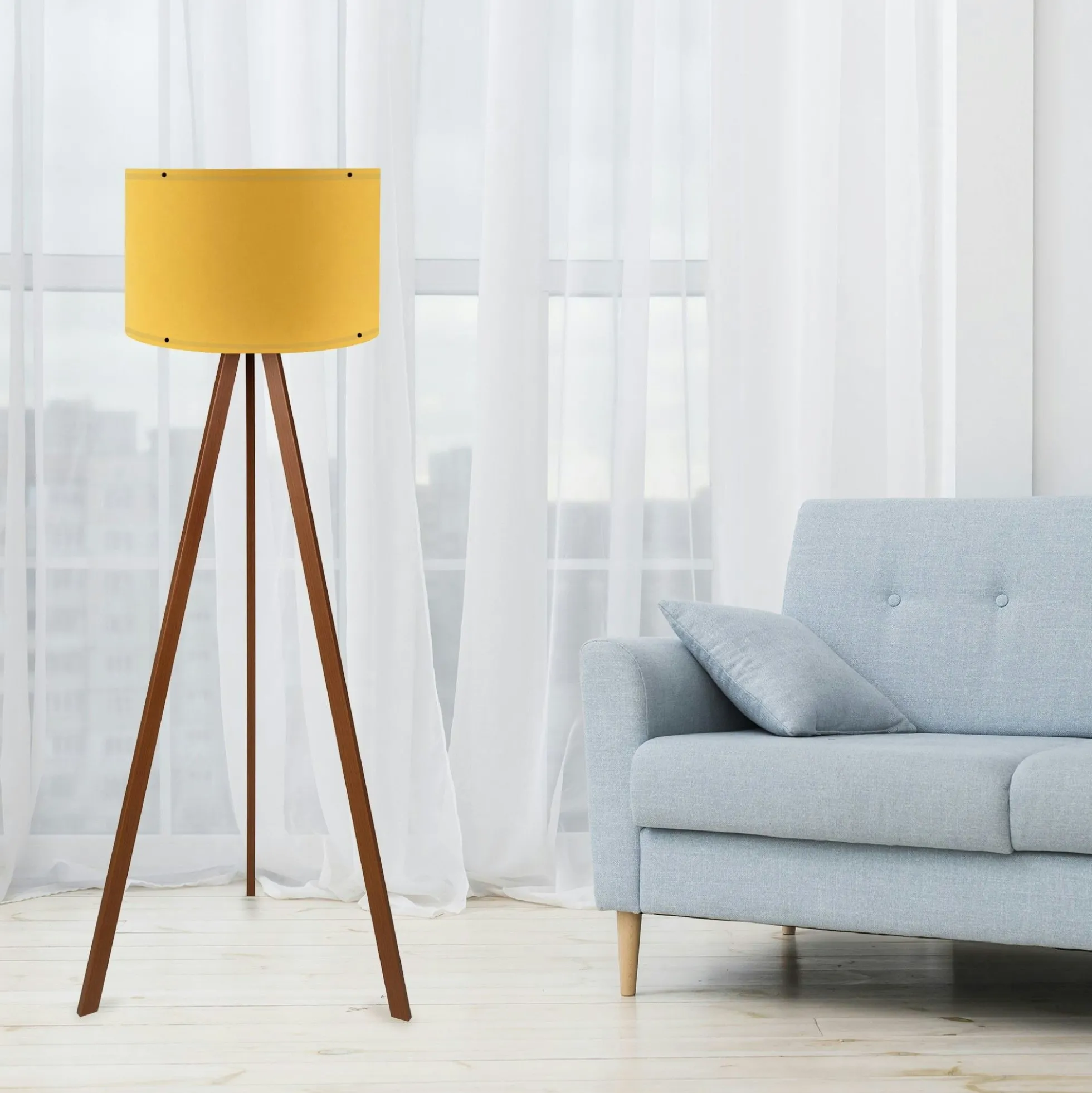 Lampadaire trépied effet bois noyer, abat-jour jaune KILIS