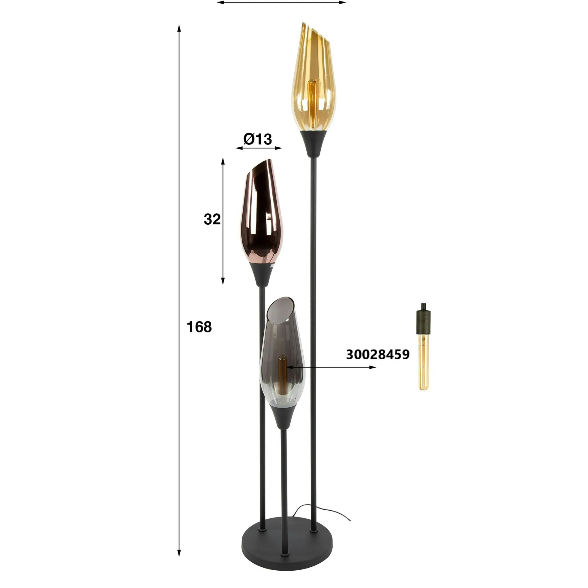 Lampadaire vintage avec abat-jour en verre forme torche NIAGARA