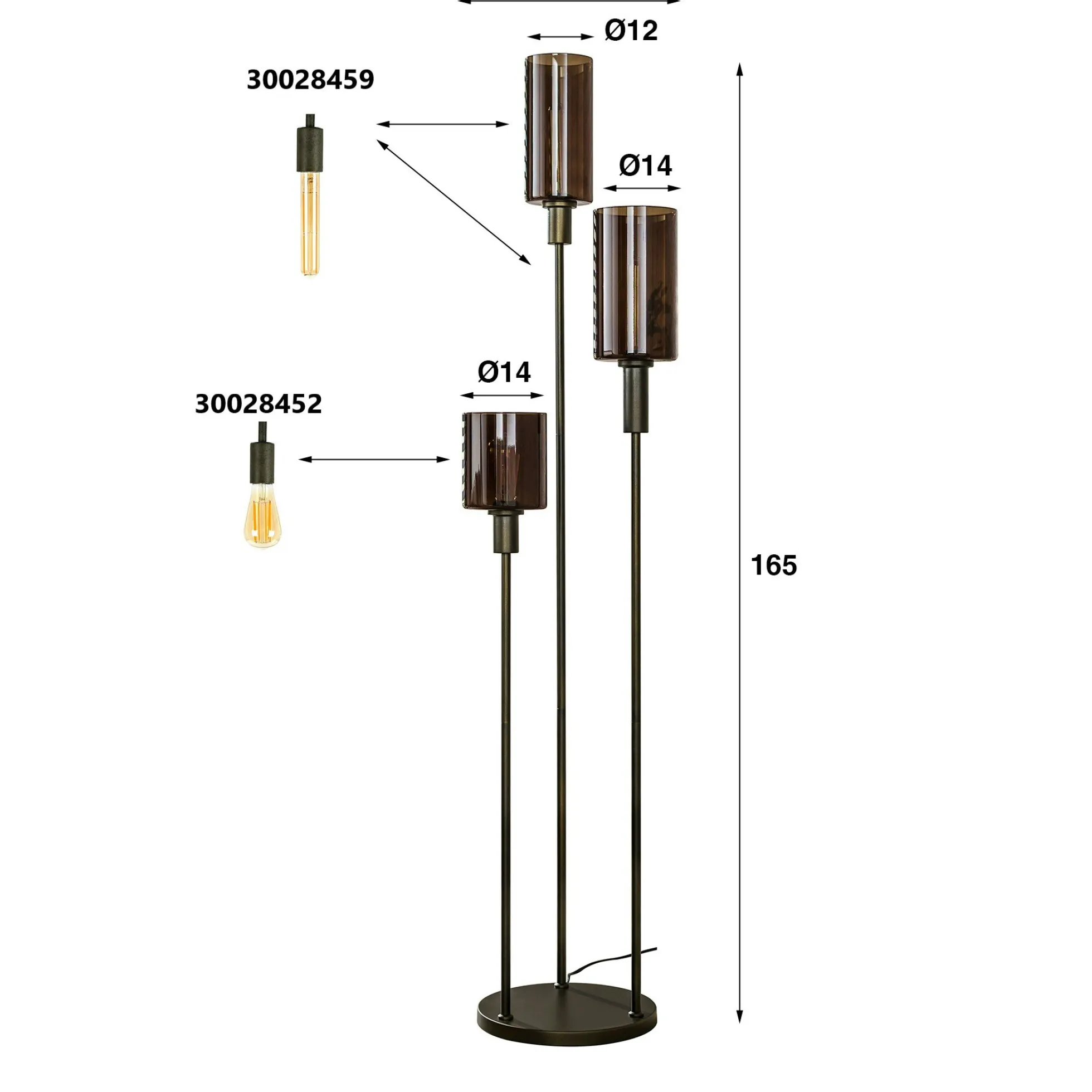 Lampadaire vintage en verre brun – 3 lampes, tiges bronze NOVA