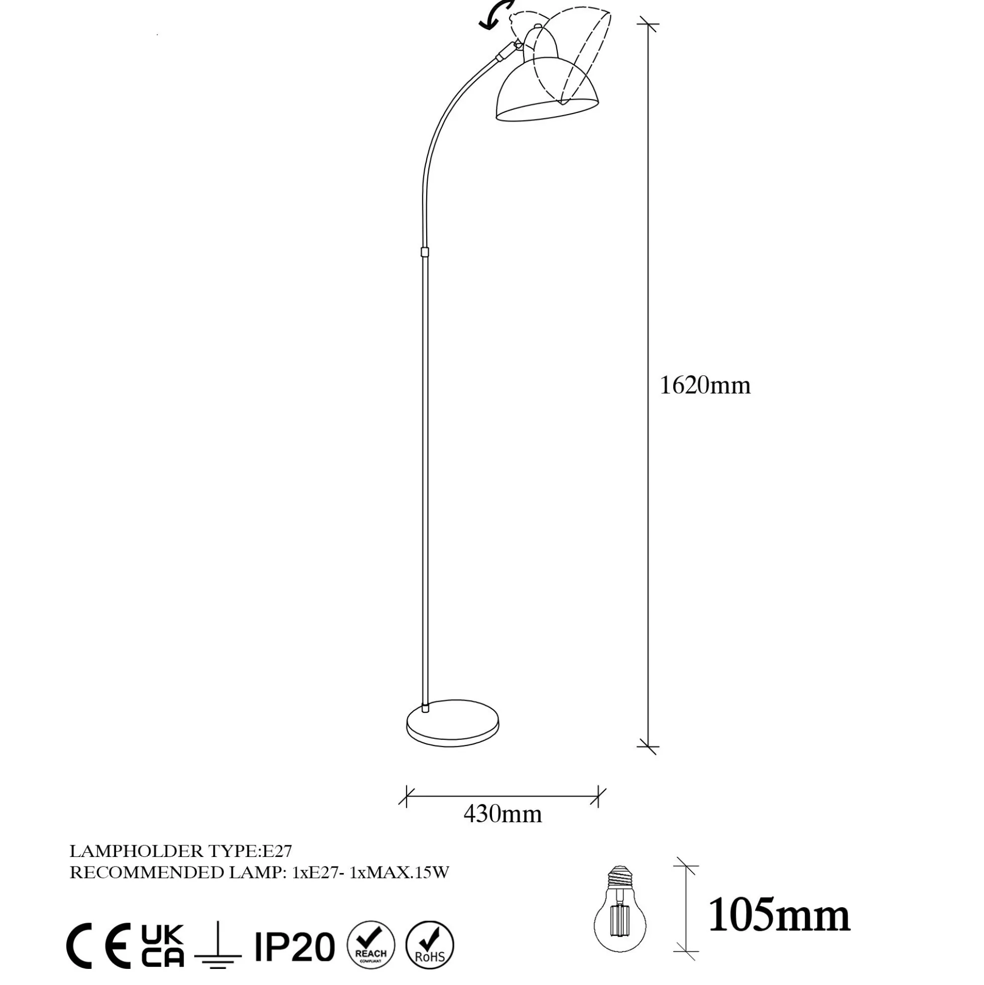 Lampadaire vintage noir & doré avec abat-jour orientable SILE