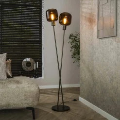 Lampadaire vintage verre – 2 abat–jour croisés bronze NOVA