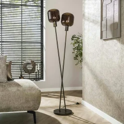 Lampadaire vintage verre – 2 abat–jour croisés bronze NOVA