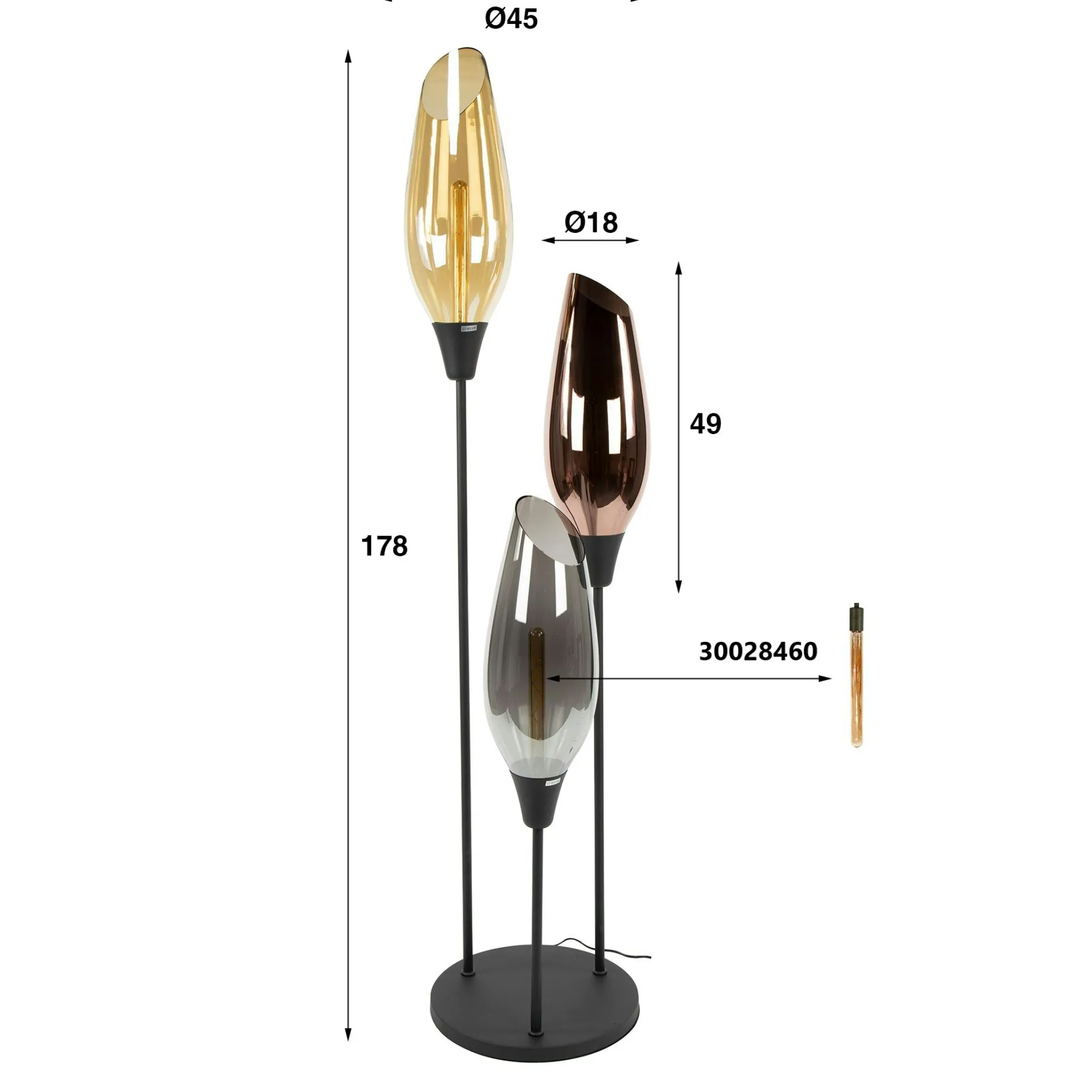 Lampadaire vintage XL avec abat-jour en verre forme torche NIAGARA