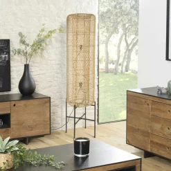 Lampadaire 39x39cm rotin naturel pieds acier noir FOLELLI