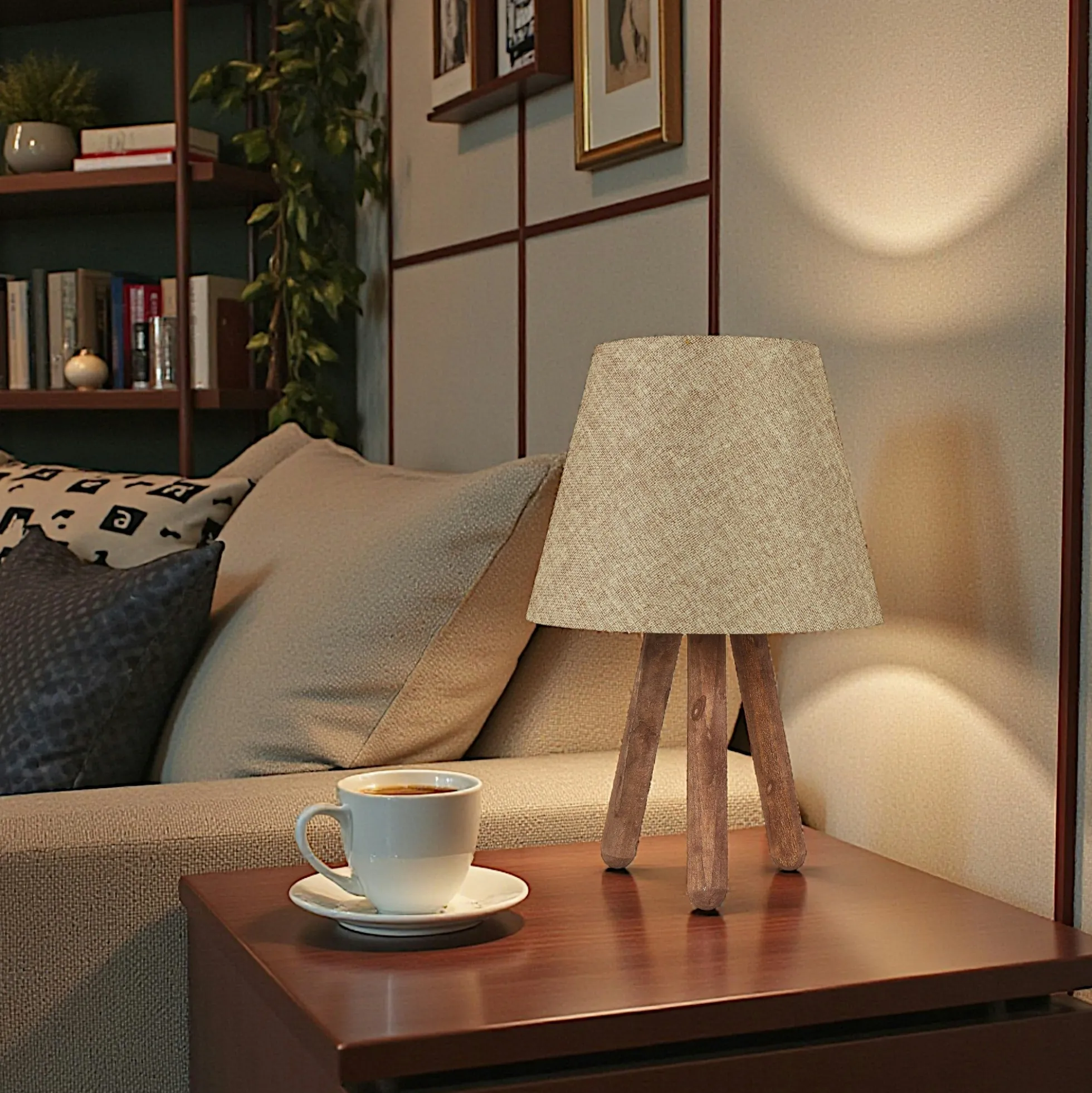 Lampe de chevet trépied moderne, abat-jour beige KILIS